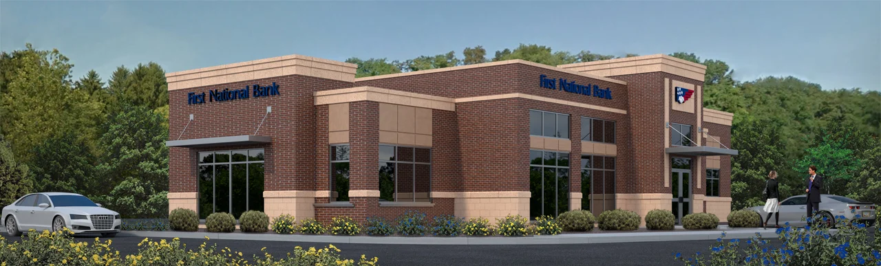 exterior 3d architectural rendering of a bank in ross park, pa