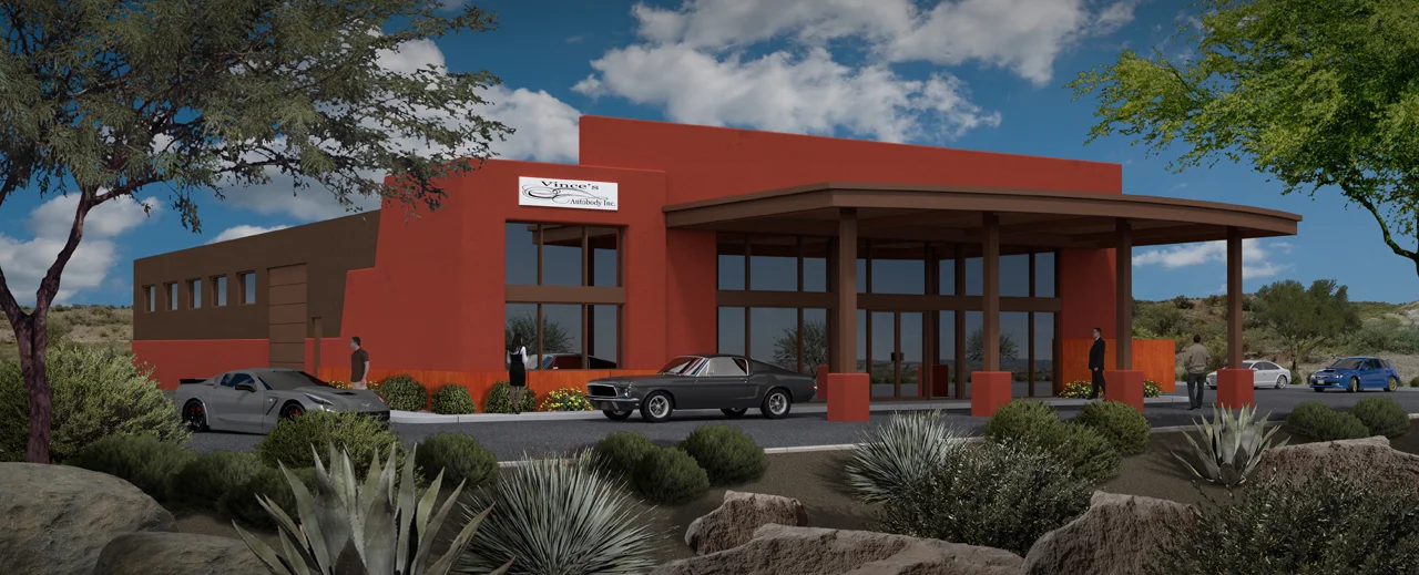 exterior 3d architectural rendering of an auto body shop in camp verde, az