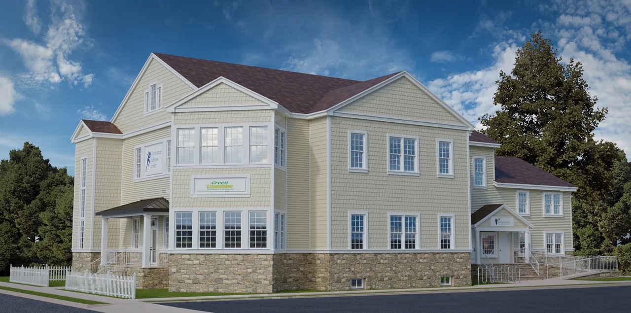 exterior 3d architectural rendering of a wellness center in jamesburg, nj