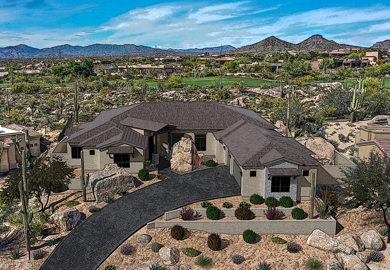 aerial architectural rendering of a house in scottsdale, az