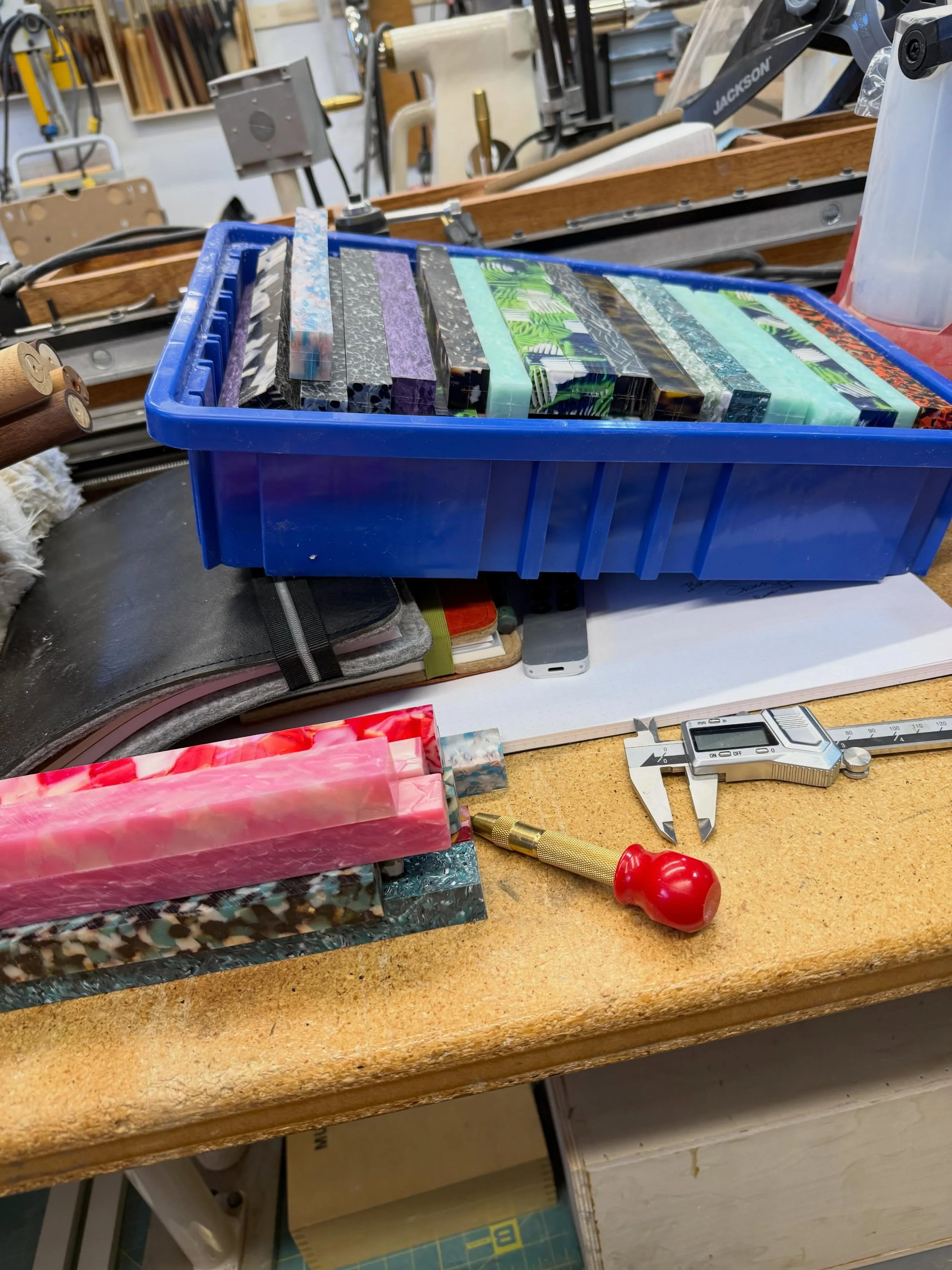 Well the old lathe is sold and moving out Tuesday and the new lathe is still weeks away!  Time to catch up on the monotonous work of turning square stock round!  I have a lot of this cellulose acetate but always forget to use it because it&rsquo;s al