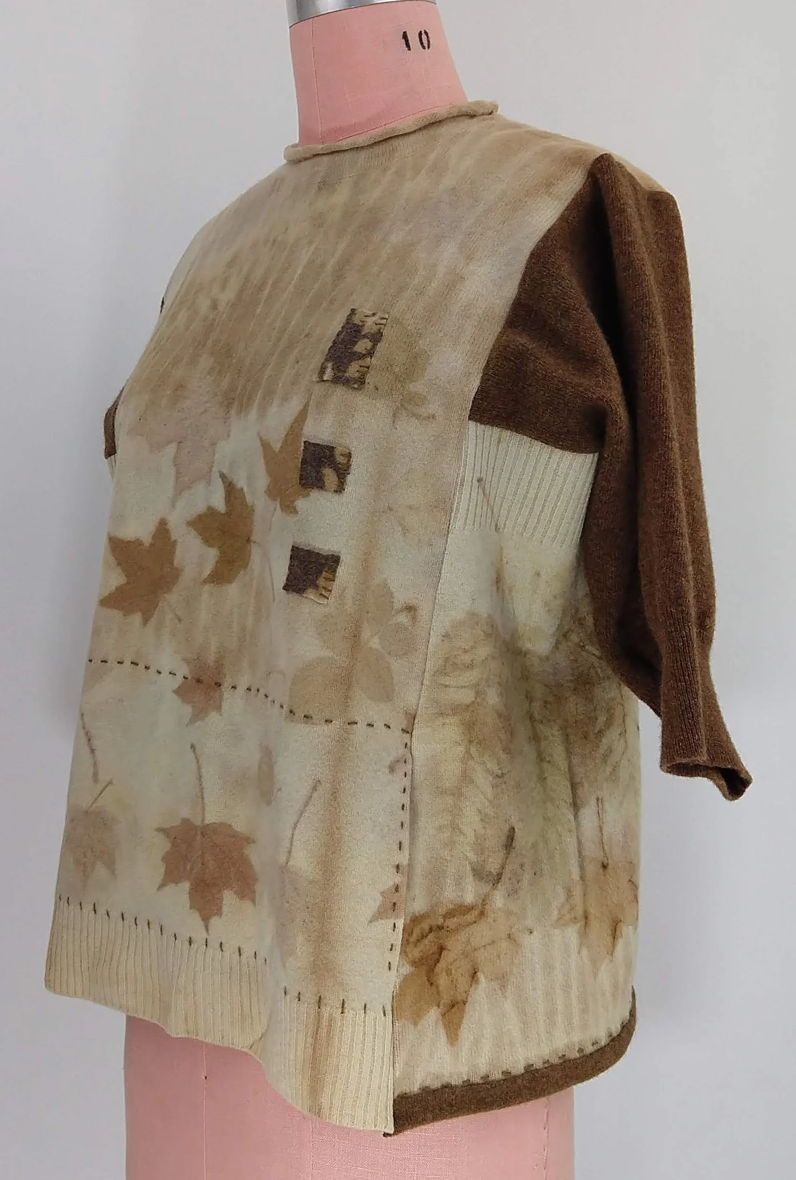 refashioned eco-printed wool pullover with front double-layered pouch pocket