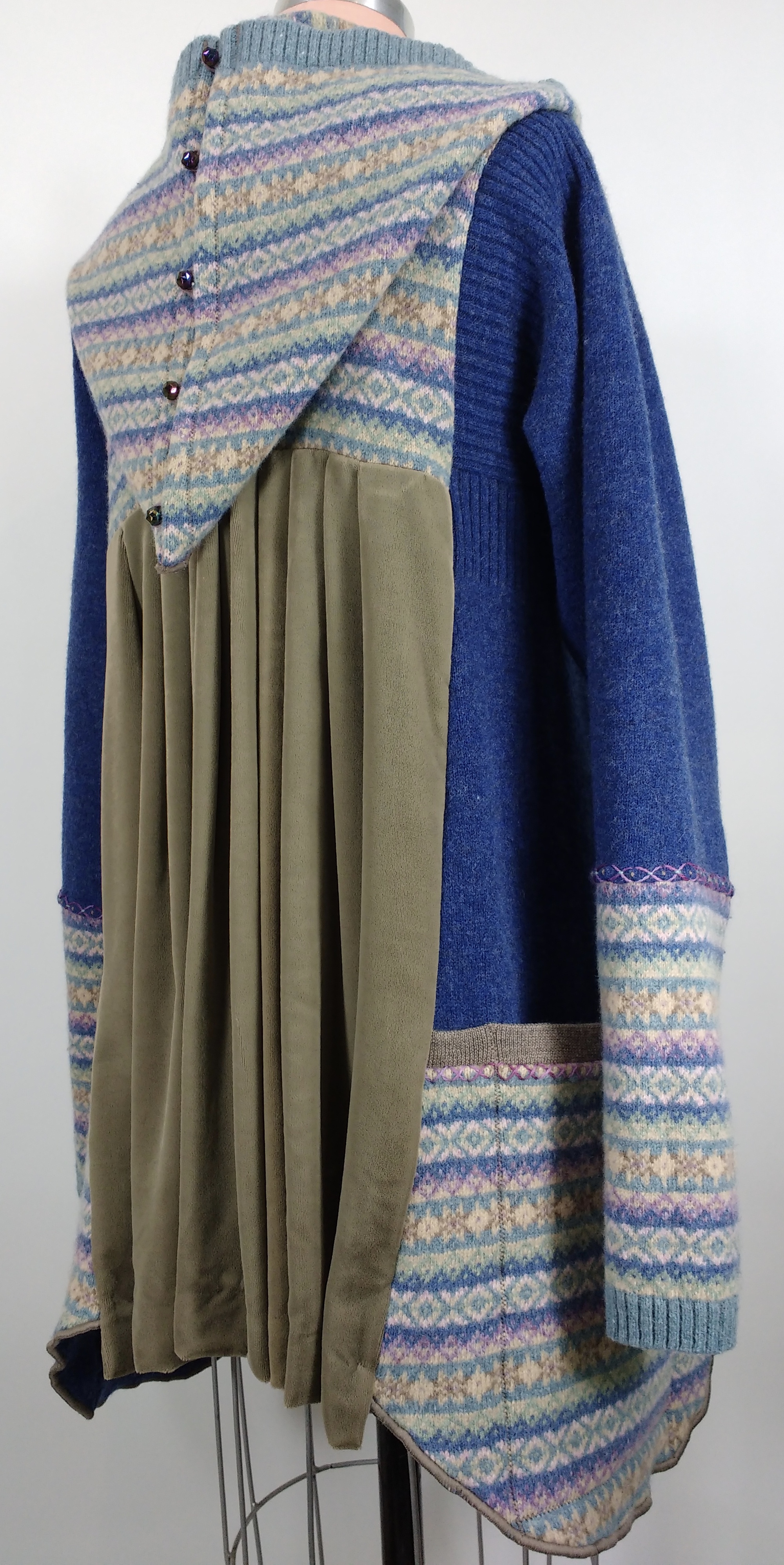 refashioned wool and rayon velvet treasure coat with convertible hood, multiple side pockets, and vintage glass buttons