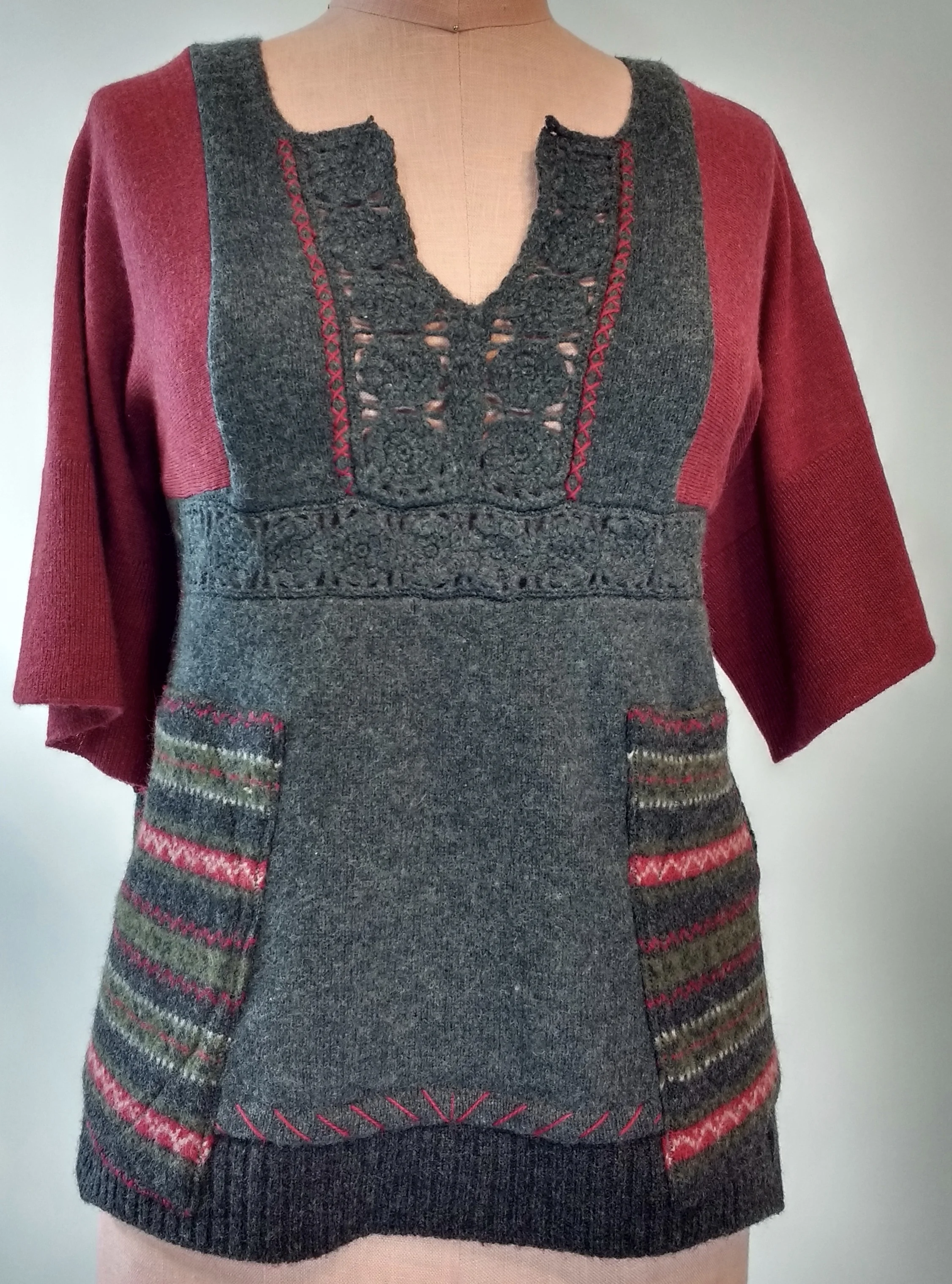 refashioned wool and cashmere pullover with front double-layered pockets