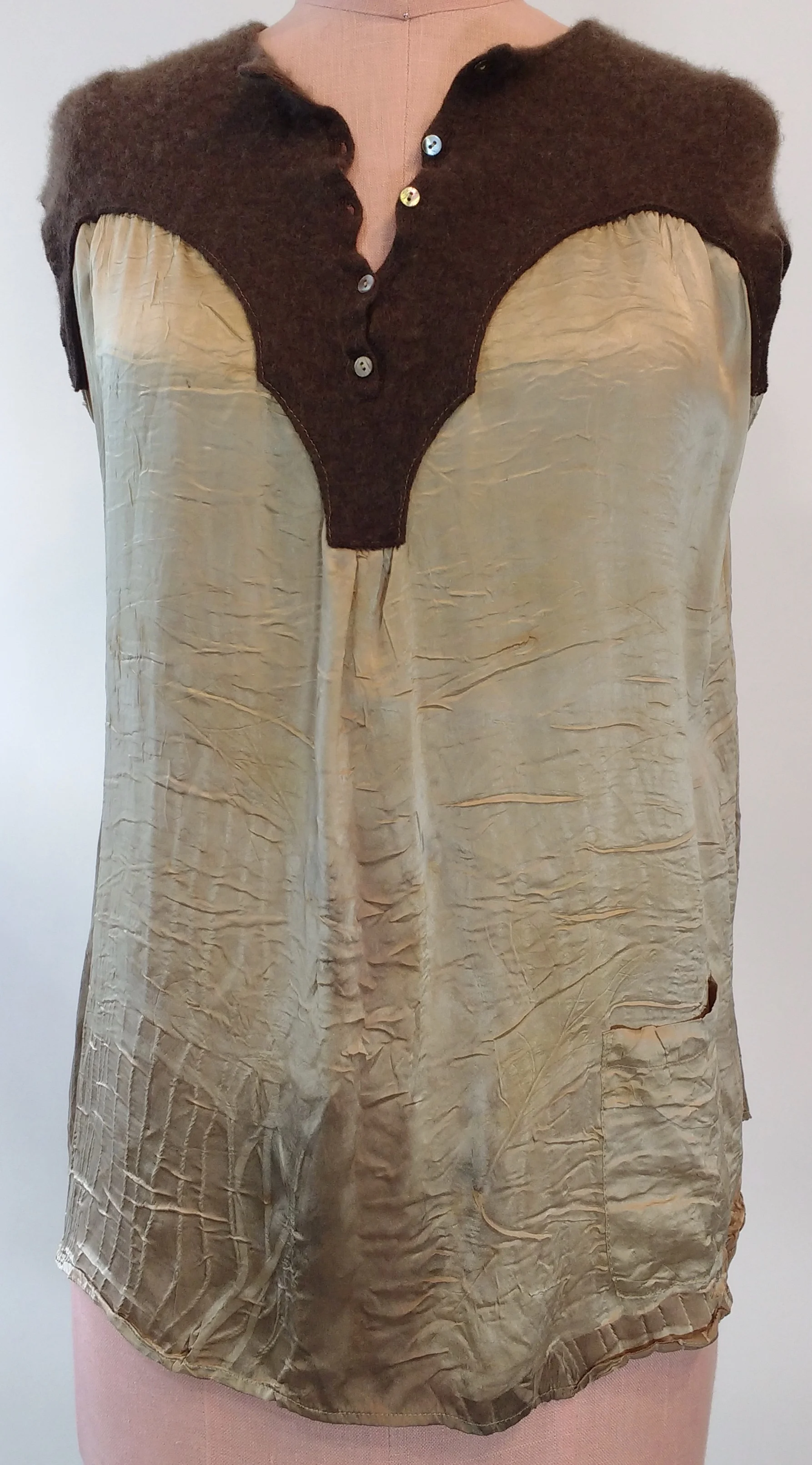 refashioned cashmere and eco-printed silk shell with front pocket
