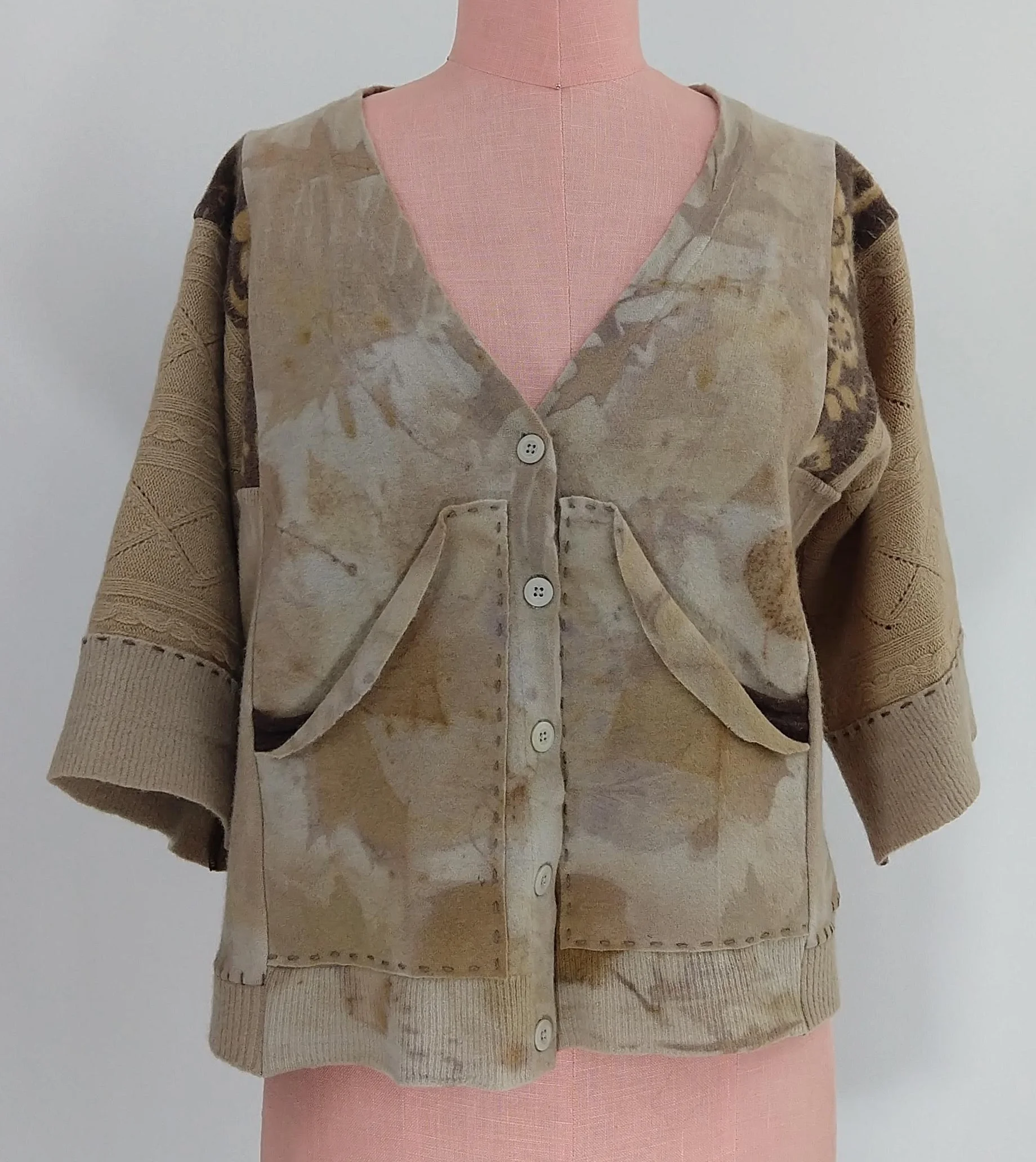 refashioned eco-printed wool and cashmere cardigan with double front pockets