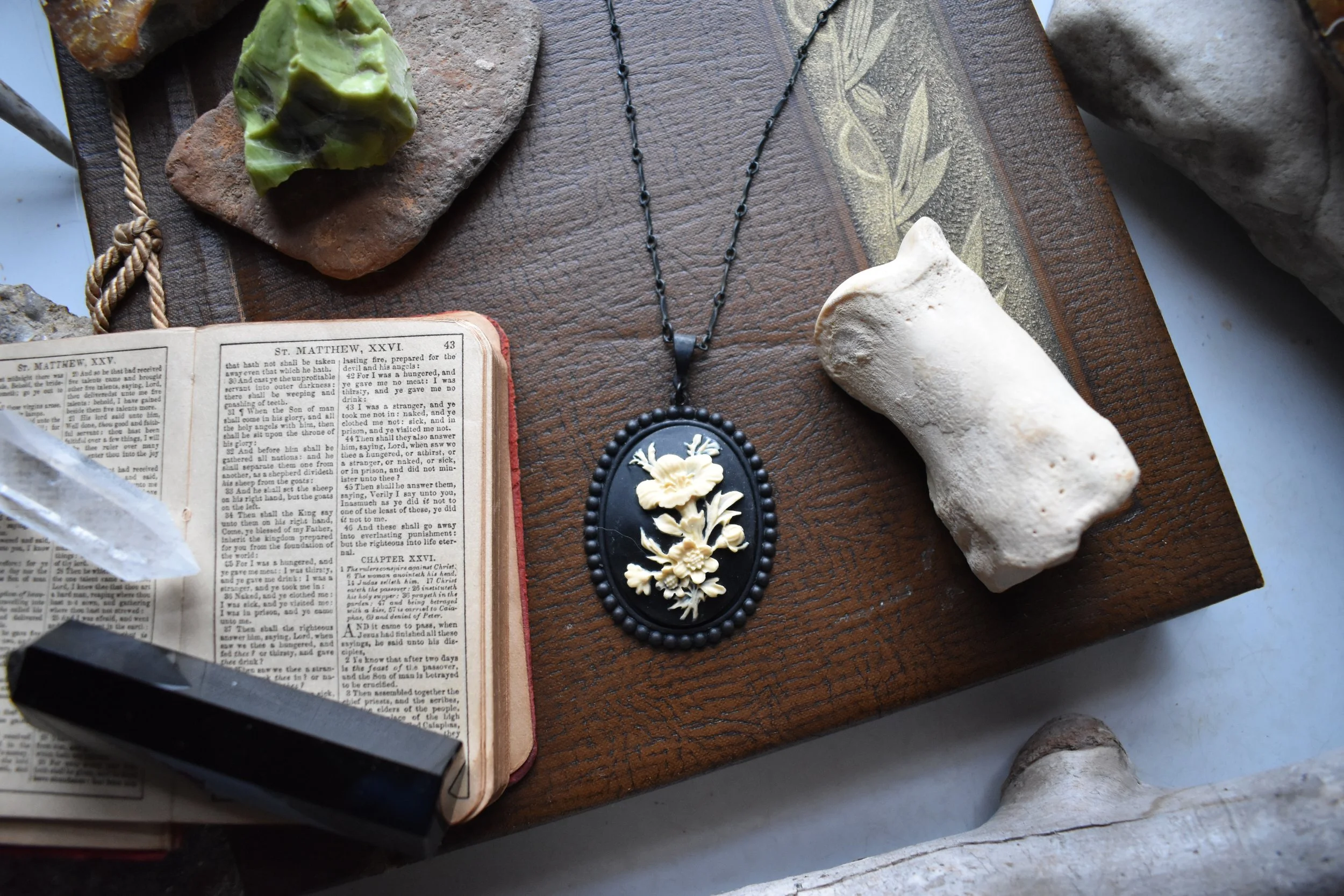 Lily of the Valley Cameo Necklace | Blackened Brass | Vintage Resin Cameo