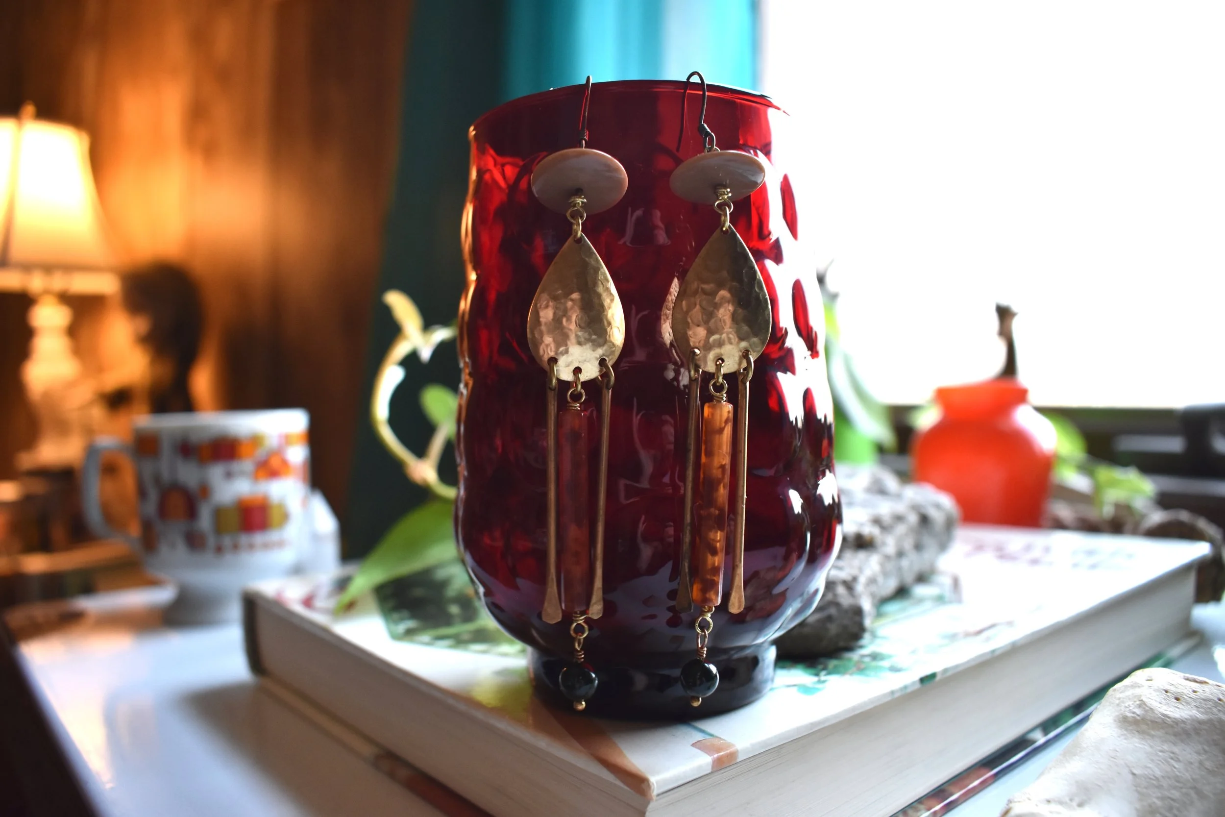 Eir Earrings | Brass | Vintage Teardrops + Vintage Bakelite + Vintage Acrylic + Green Goldstone