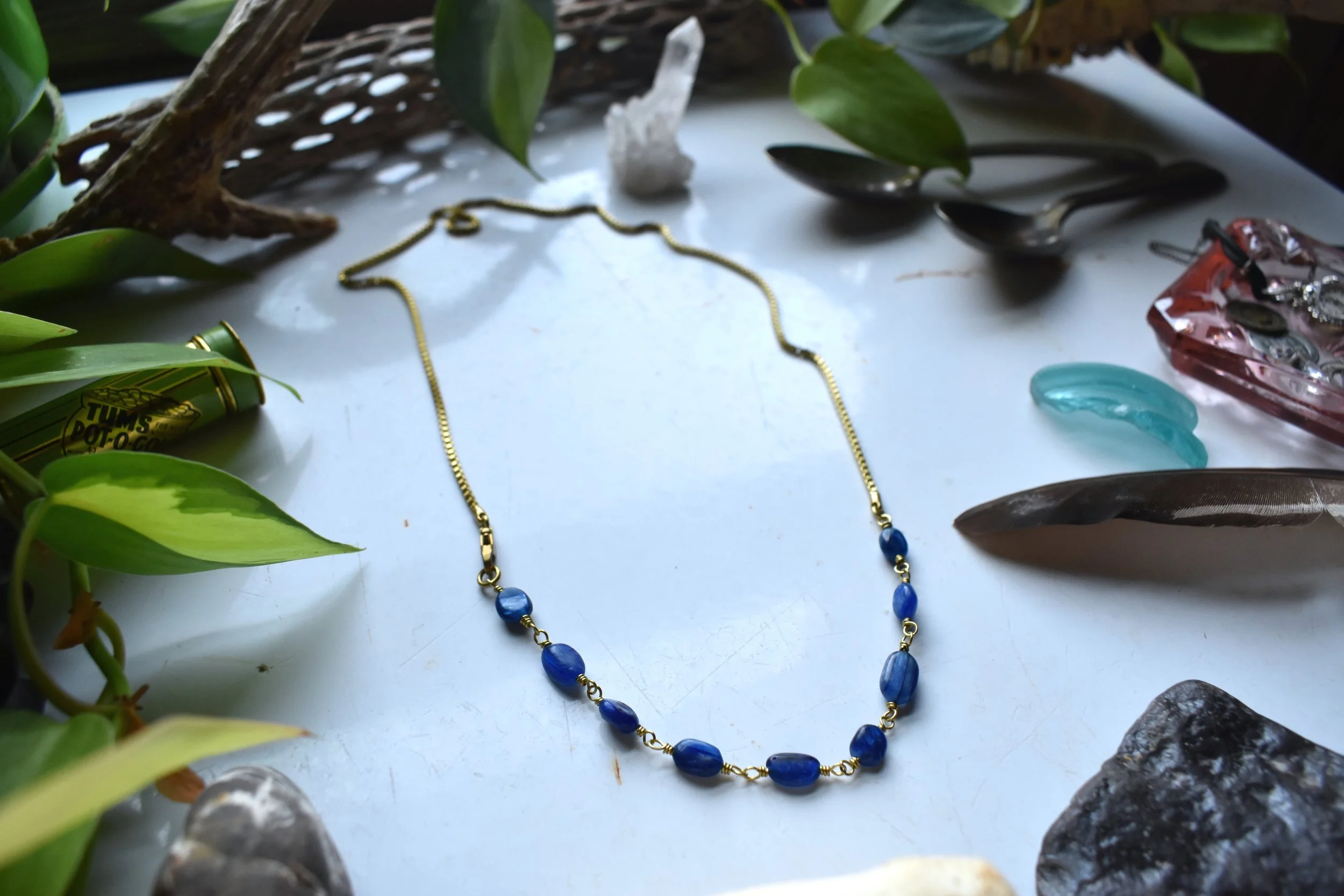 Florene Necklace | Brass | Blue Kyanite + Vintage Chain, Clasp