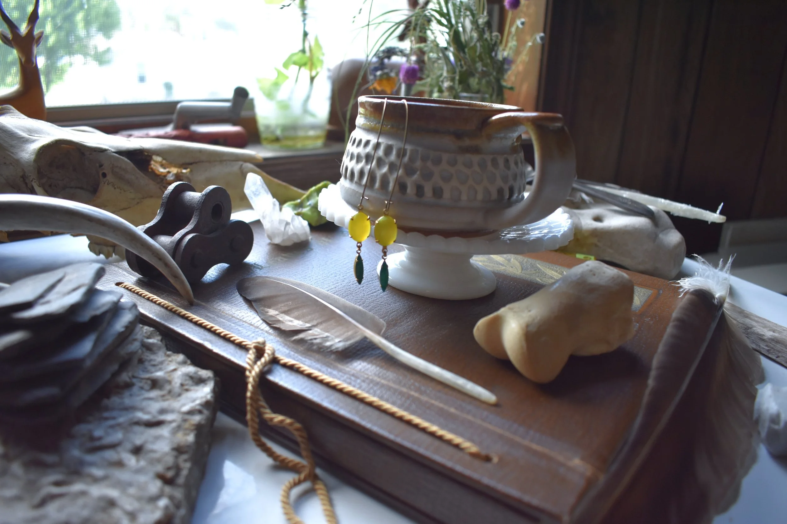 Yellow Glass Earrings | Brass | Vintage Yellow, Green Glass
