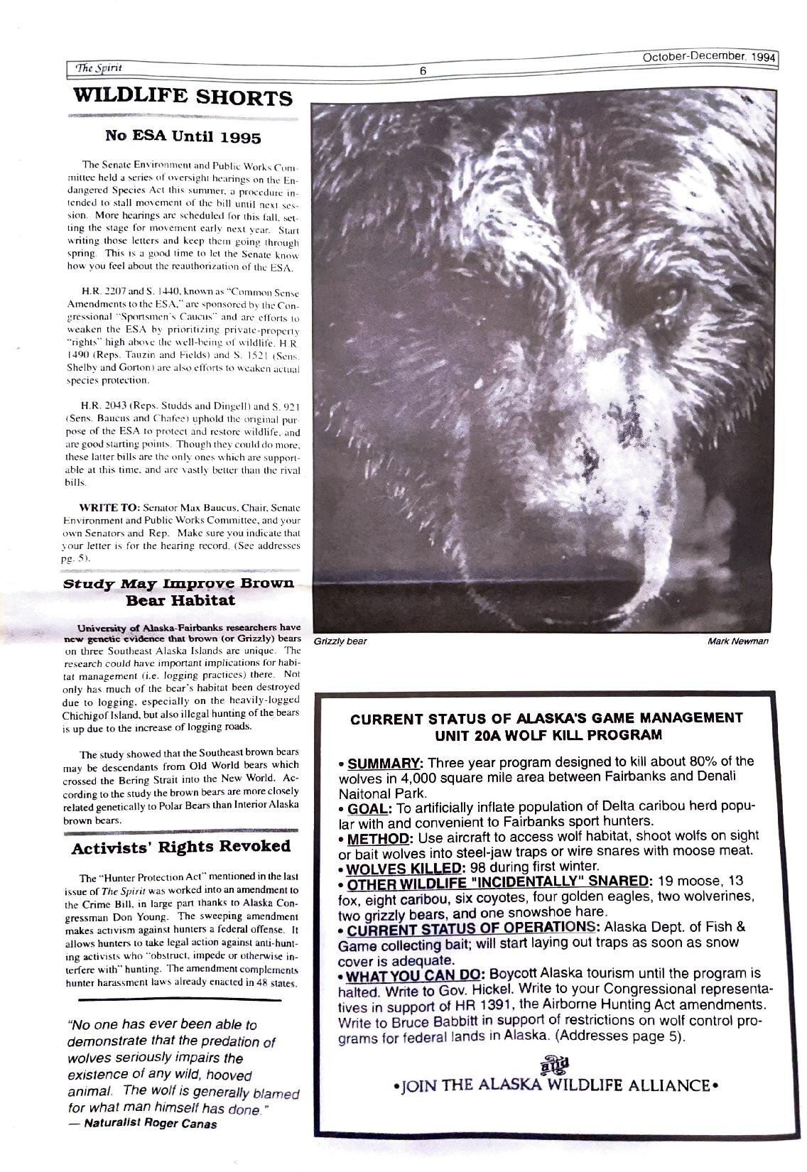 The Spirit, October-December 1994 — Alaska Wildlife Alliance (AWA)