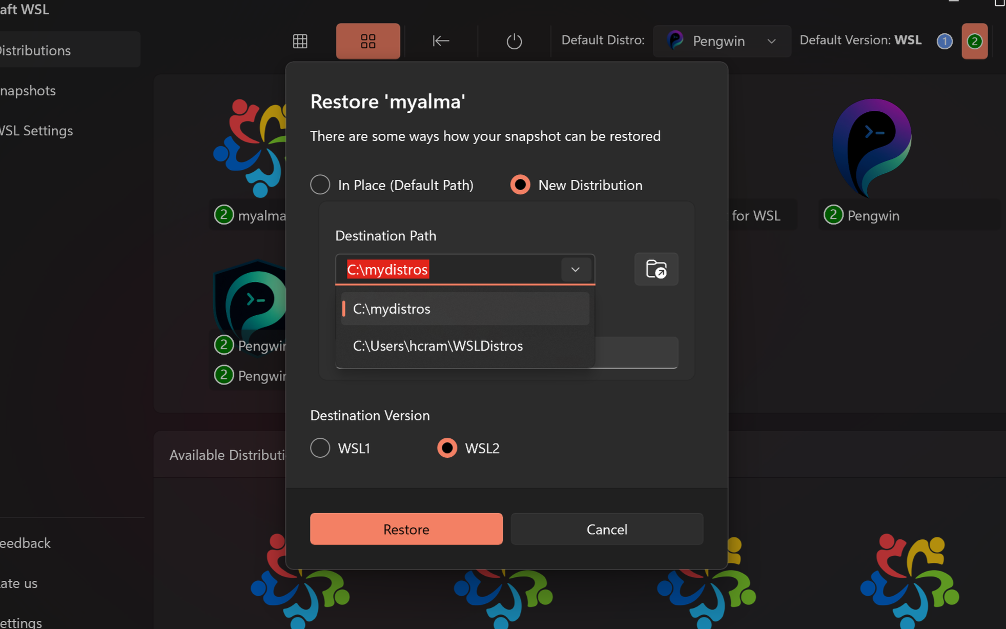 when restoring you can select the destination from a list