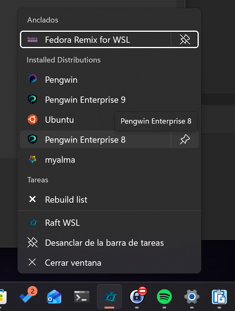 Windows jump list showing installed distros