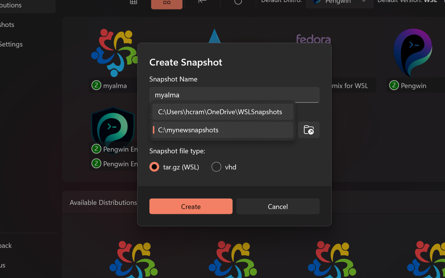 create snapshot now shows a list of possible destinations