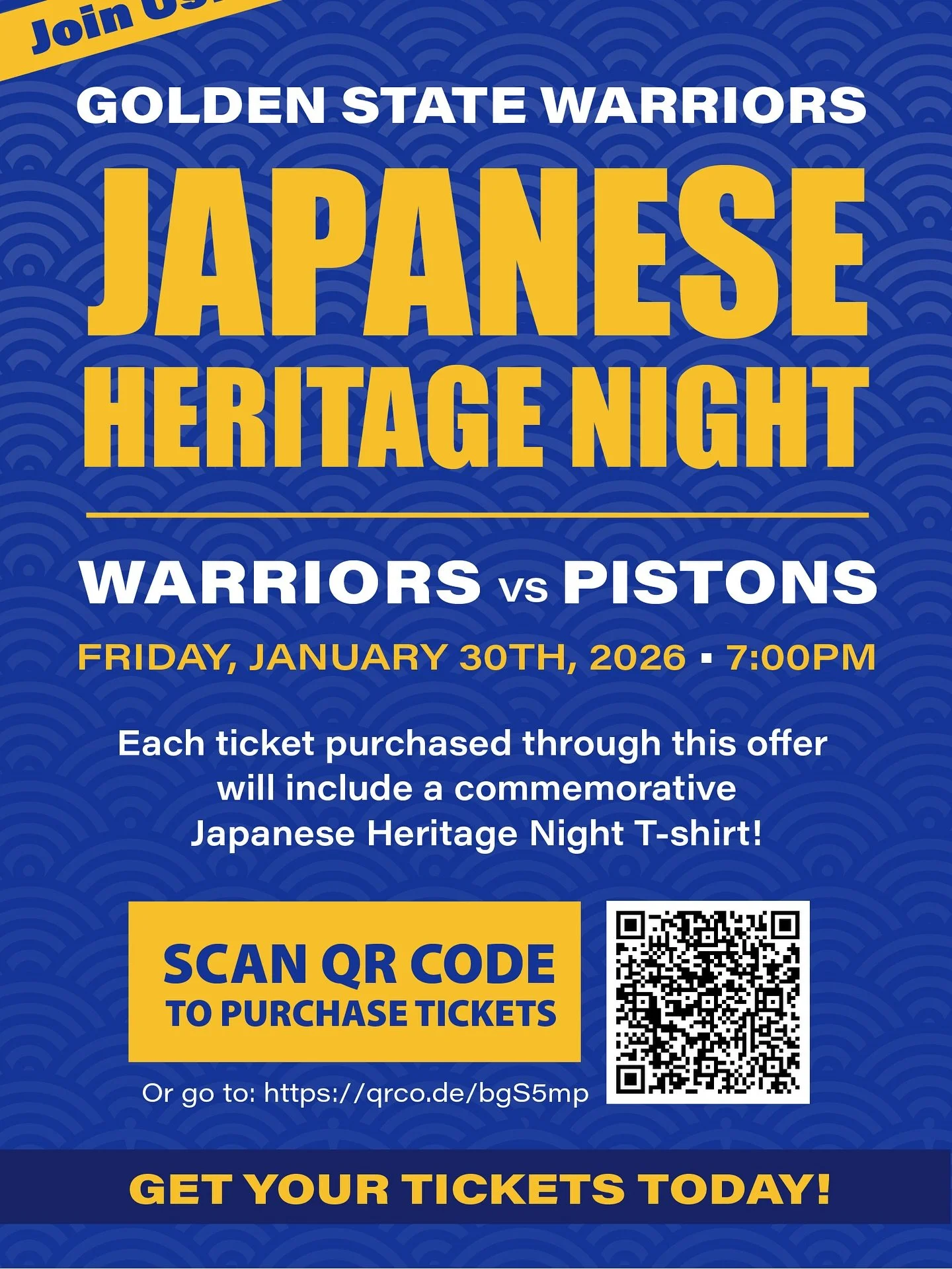Join us for Golden State Warriors Japanese Heritage Night on January 30, 2026!💙💛

Watch the Warriors take on the Detroit Pistons at the Chase Center and help us celebrate Japanese culture. Your ticket purchase (using QR Code or link) directly suppo