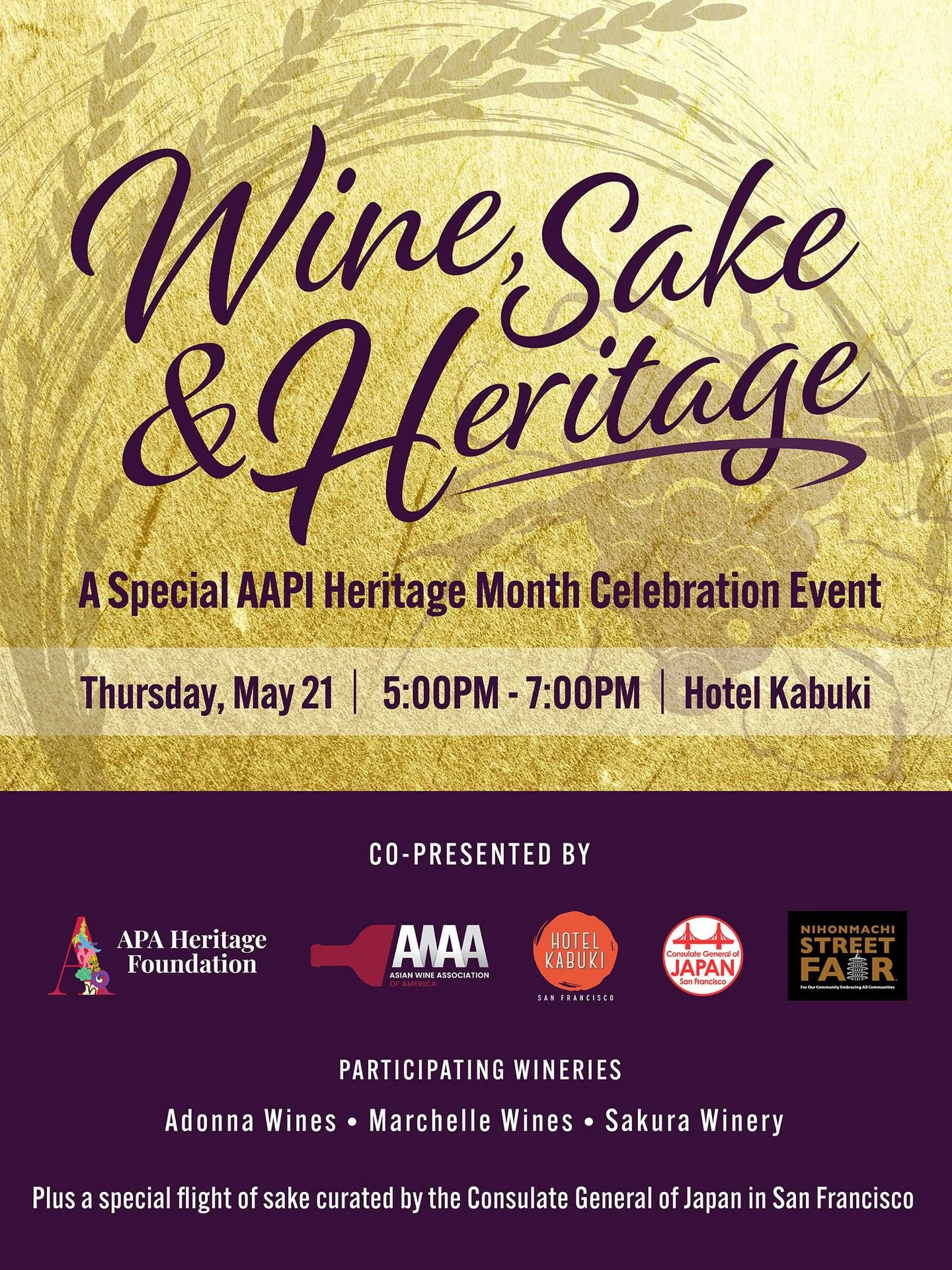 An intimate evening of AAPI heritage, wine, and sake. 🍷🍶

Join us at Hotel Kabuki for an exclusive tasting event in honor of AAPI Heritage Month. We are proud to feature premier AAPI-owned wineries alongside a special sake collection curated by the