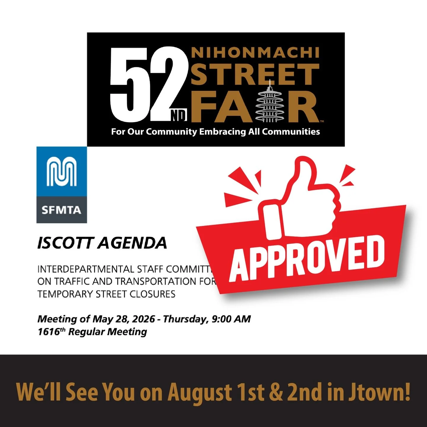 Woo Hoo! 🎉 Our ISCOTT permit is officially APPROVED! Just in time to close out AAPI Heritage Month with the best news ever. ❤️

The countdown to Jtown is officially ON. Mark your calendars for the weekend of August 1st &amp; 2nd! 🗓️✨

👉 Head to th