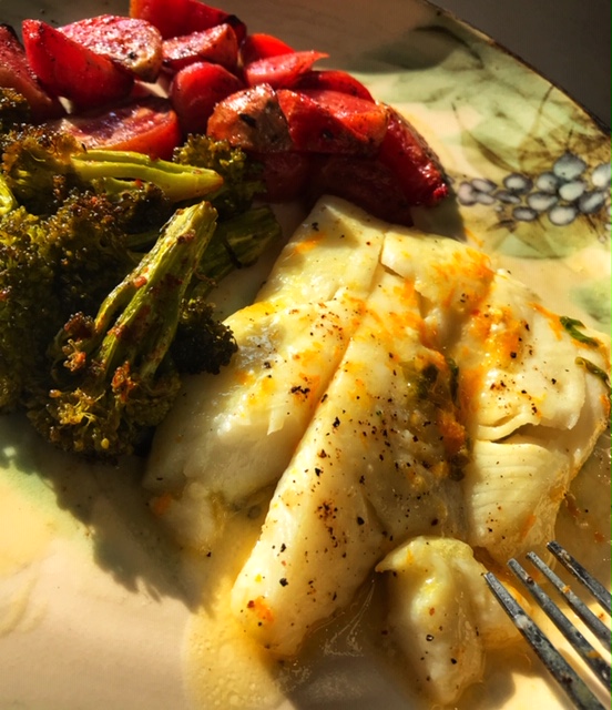 Butter and Citrus Poached Turbot with Roasted Vegetables