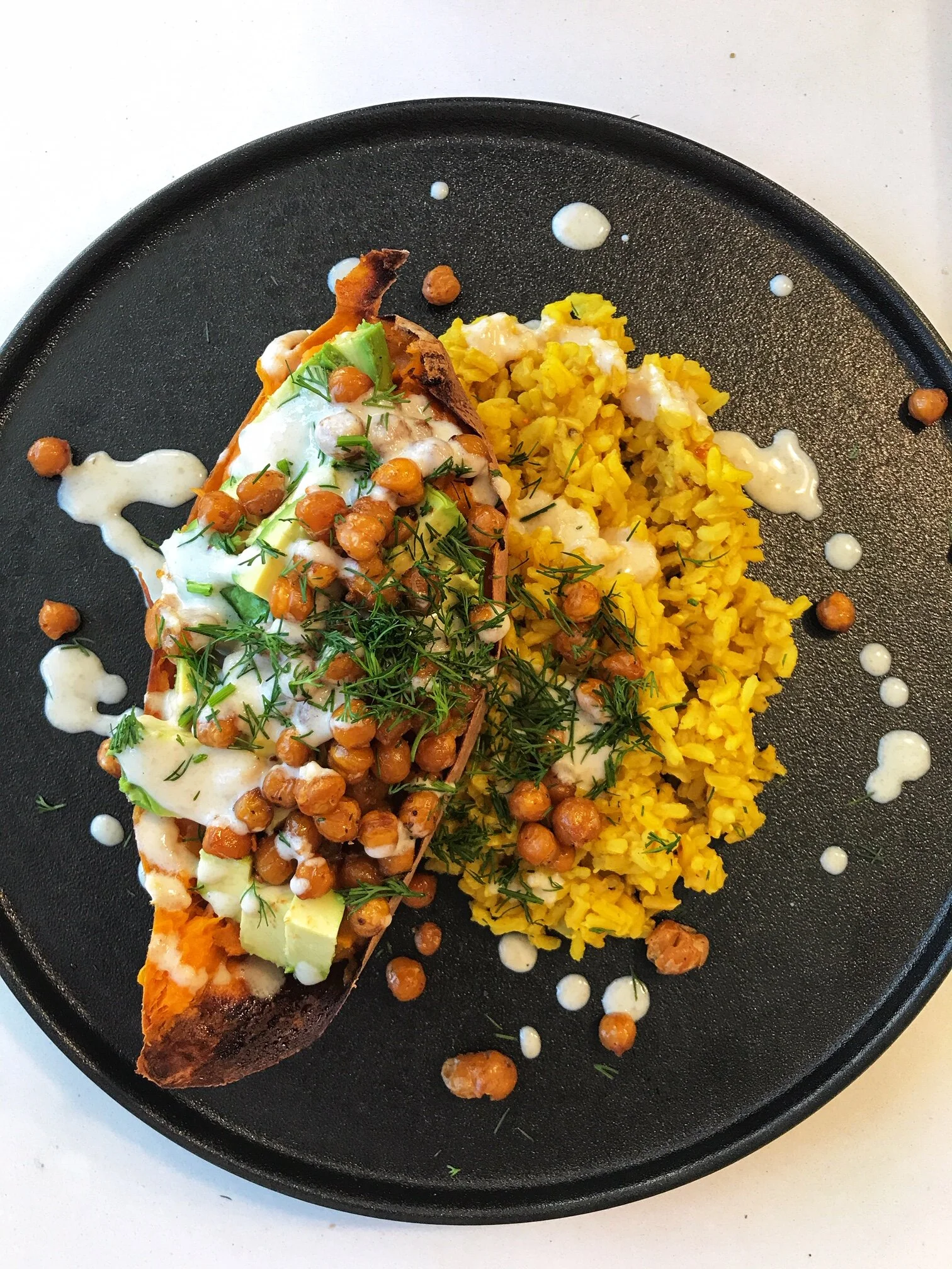 Baked Sweet Potato with Harissa Chickpeas