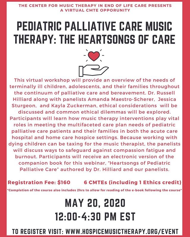 If you are a music therapist interested in Pediatric Palliative Care, or are currently working with this population, consider signing up for this webinar. For the last year, I have been working with Dr. Russell Hilliard on a new book on this subject,