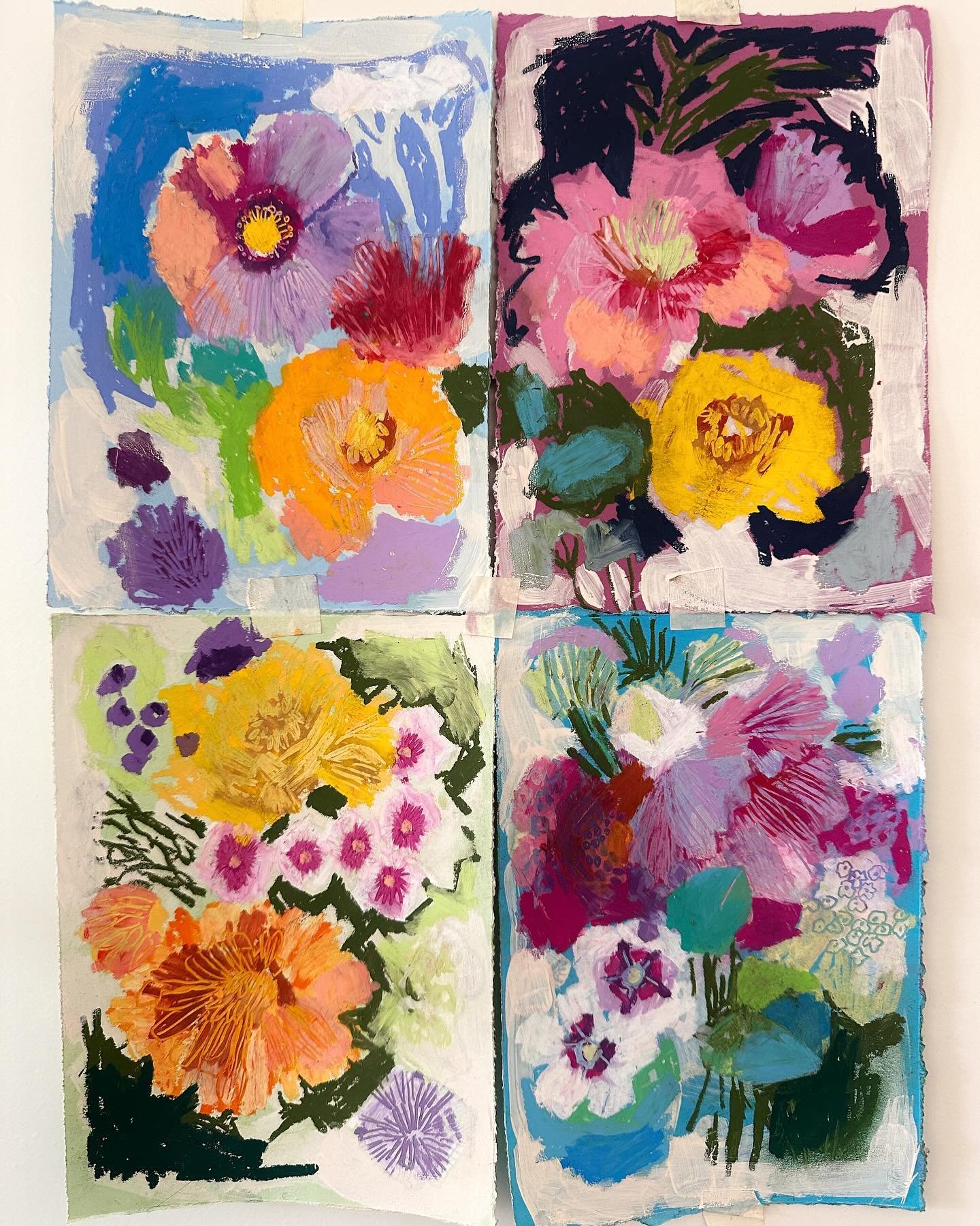 I did these all at the same time. I&rsquo;ll post the video in my stories. Can you tell I enjoyed myself? 
.
#floralcollection 
#pasteldrawing 
#oilpastelpainting 
#adventuresinart 
#floralart