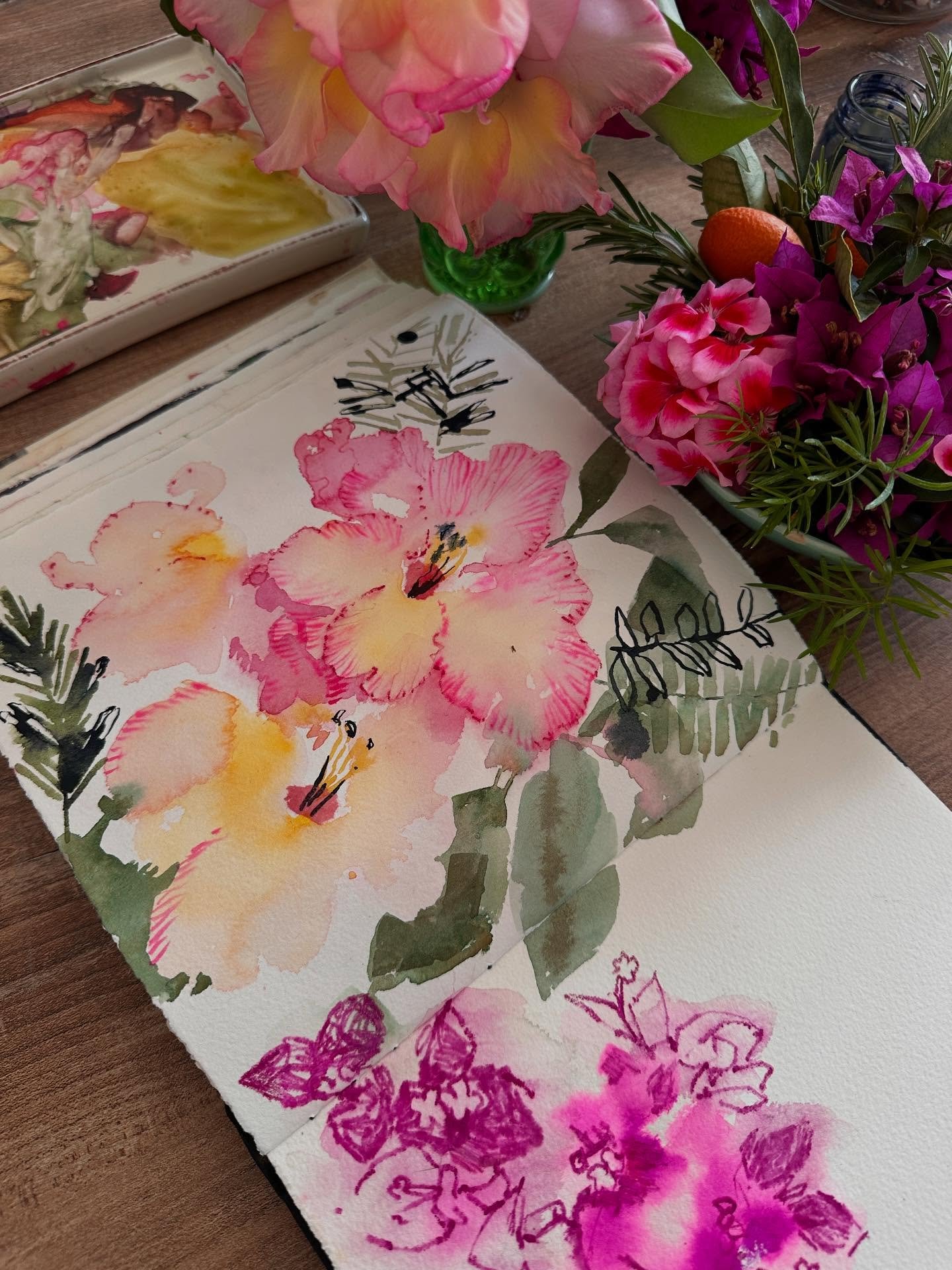 Painting flowers from the garden today - grown by my own fair hands. 

#watercolorsketchbook #paintingflowers #watercolorfloral #floralarthub #botanicalpainting #loosewatercolorflowers #sketchbookpages