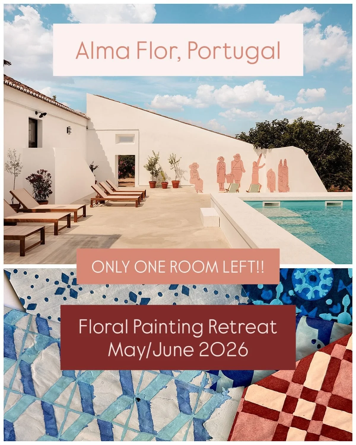 🔹ALMA FLOR - PORTUGAL , FLORAL PAINTING RETREAT🔹

May 26-Jun 1, 2026

Only 1 double room left! 

I&rsquo;m beyond excited to tell you about my art retreat in Portugal, next May. As you can see from the pics, it&rsquo;s an exquisitely decorated beau