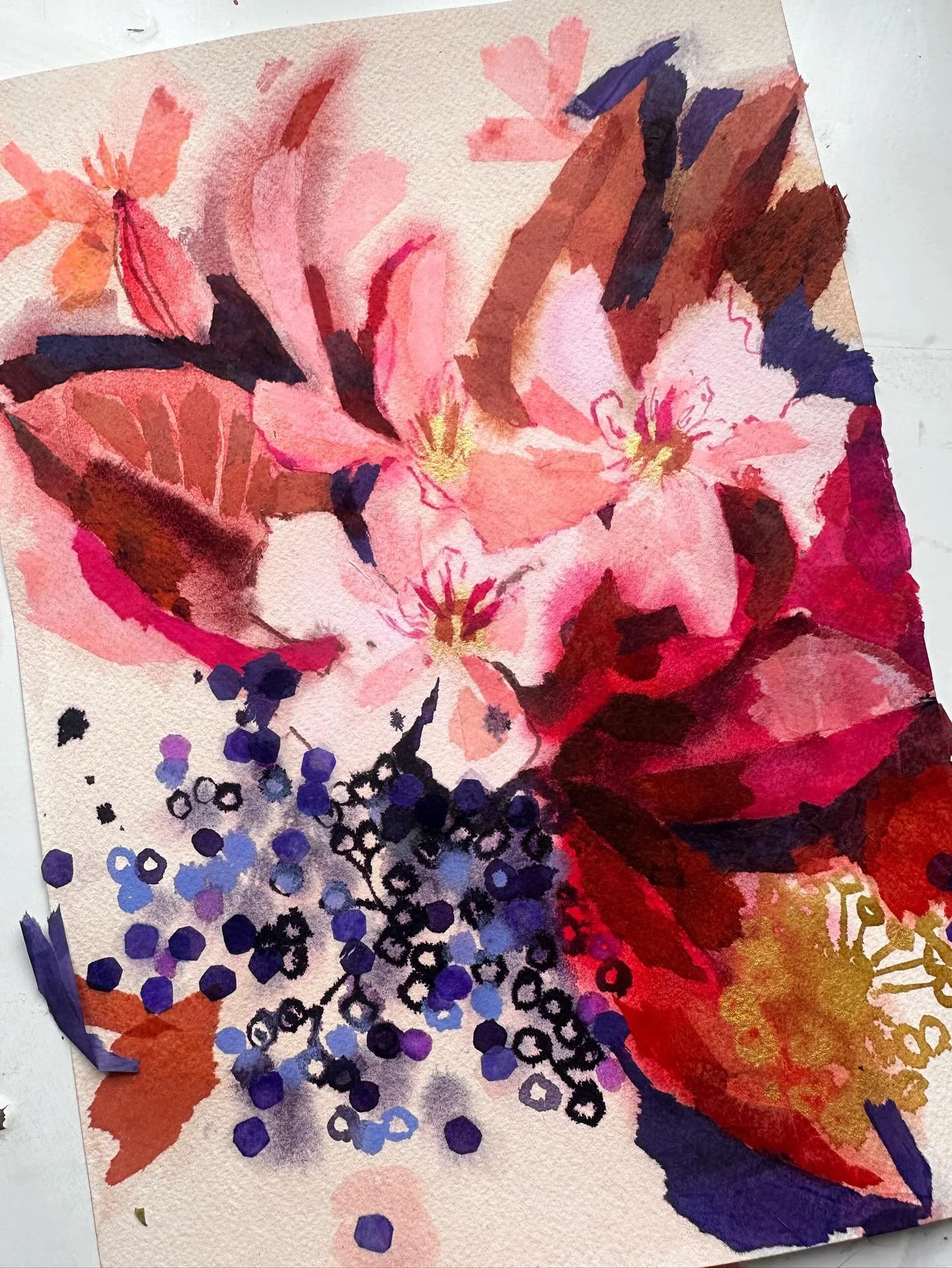 I started this yesterday, with just watercolor paint, and it got a bit heavy-handed - so this morning, I went in with the hand-painted collage papers and I love the way it came out. Really rich and textured. 

#collageonpaper #floralcollage #abstract