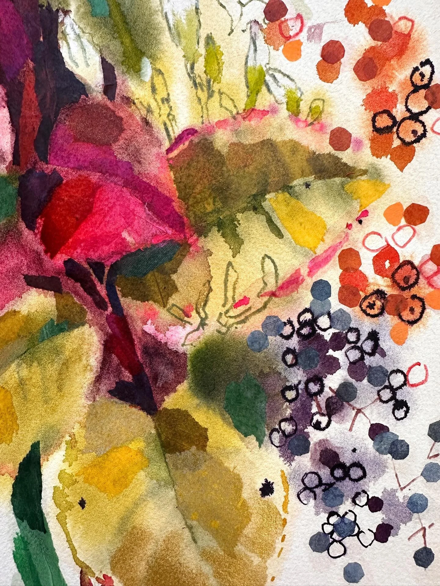 This was supposed to be a twenty minute floral. But once I&rsquo;d finished the painting, I thought it was crying out for some collage. 
I&rsquo;m really pleased with the result. Really abstracted florals and foliage where the colour is the priority.