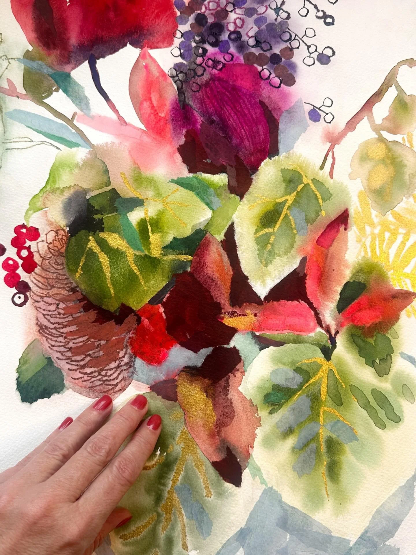 Large scale winter floral painting on @fabriano paper. 

#watercoloronpaper #botanicalpainting #mixedmediacollage