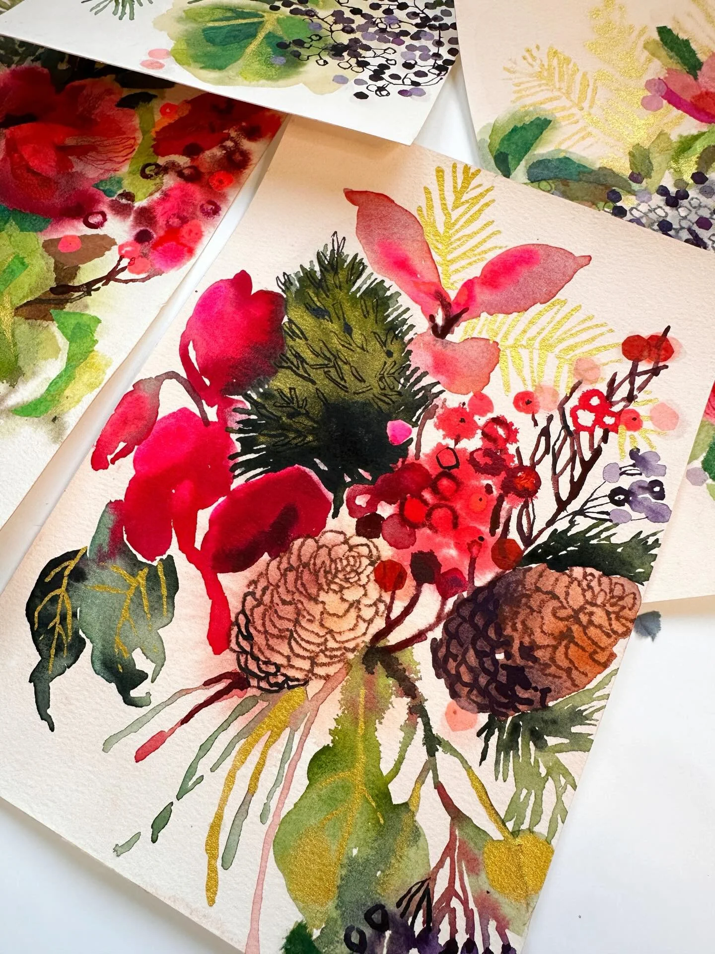 Finished up my collection of Christmassy, winters florals, inspired by my foraging findings from the neighbourhood. I like doing these packed, random compositions that go off the page. 

Merry Christmas to all you lovely people. I think this year I m