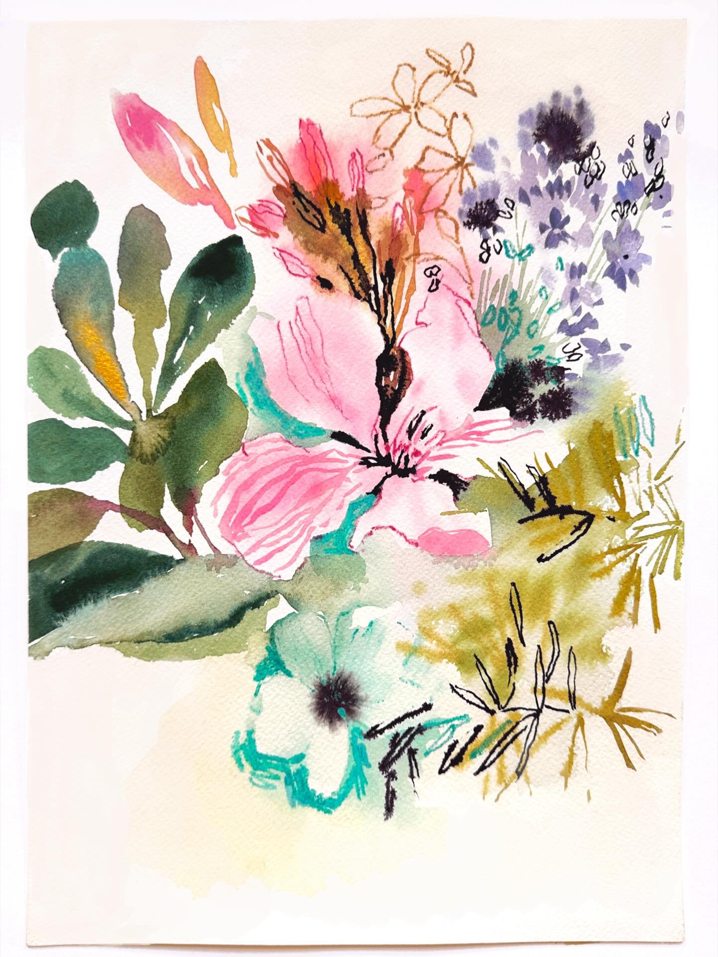 Cleaning up some of my paintings today. Am thinking about selling this as a print. Thoughts? 

#watercolorfloral #loosefloral #abstractflowers