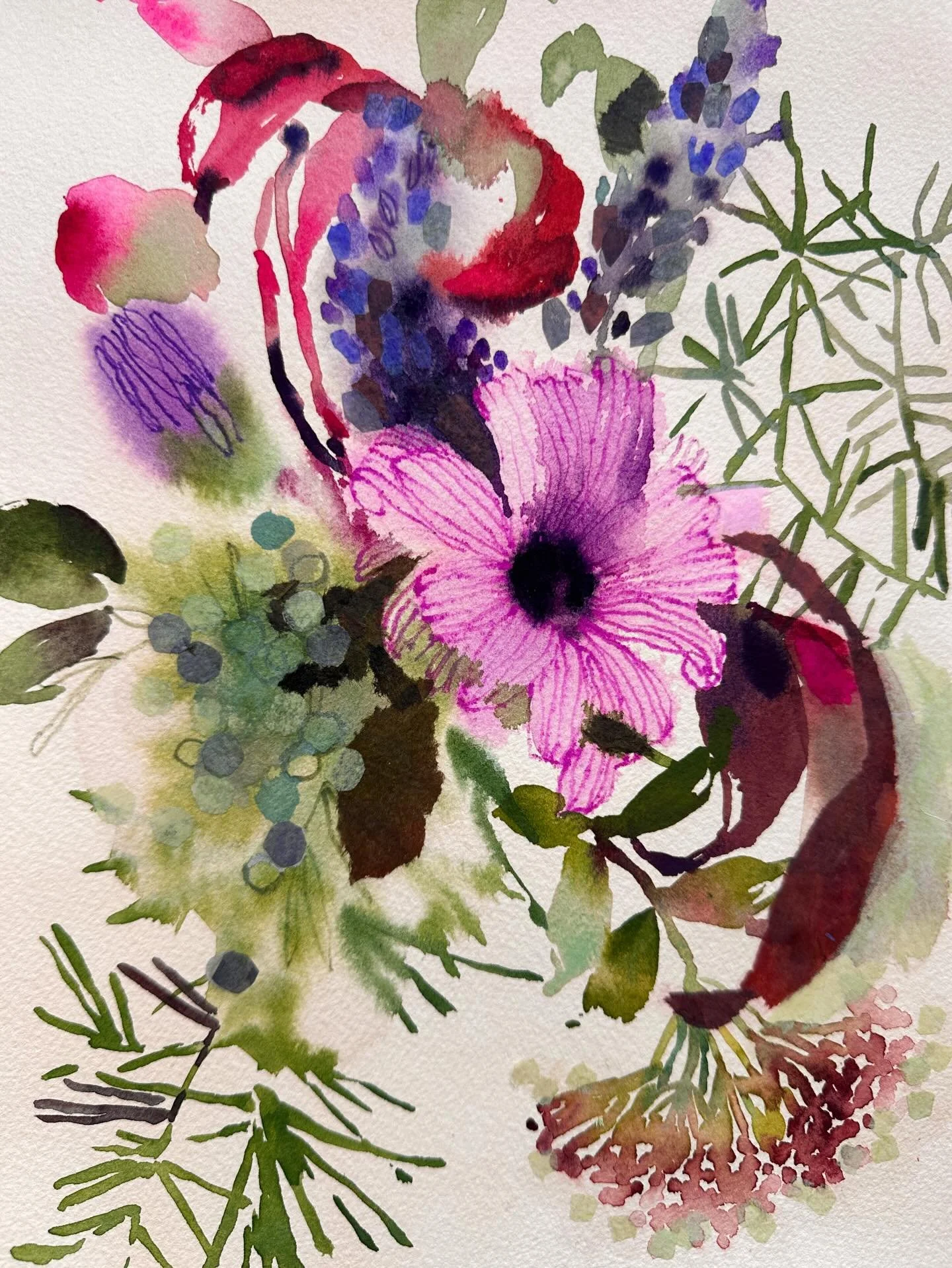Finished. Really pleased with how this came out. There&rsquo;s a lot going on but I think I got the right balance between realistic floral details and abstracted shapes and textures. 

#watercolorbotanical #abstractfloral #abstractflowers #watercolor