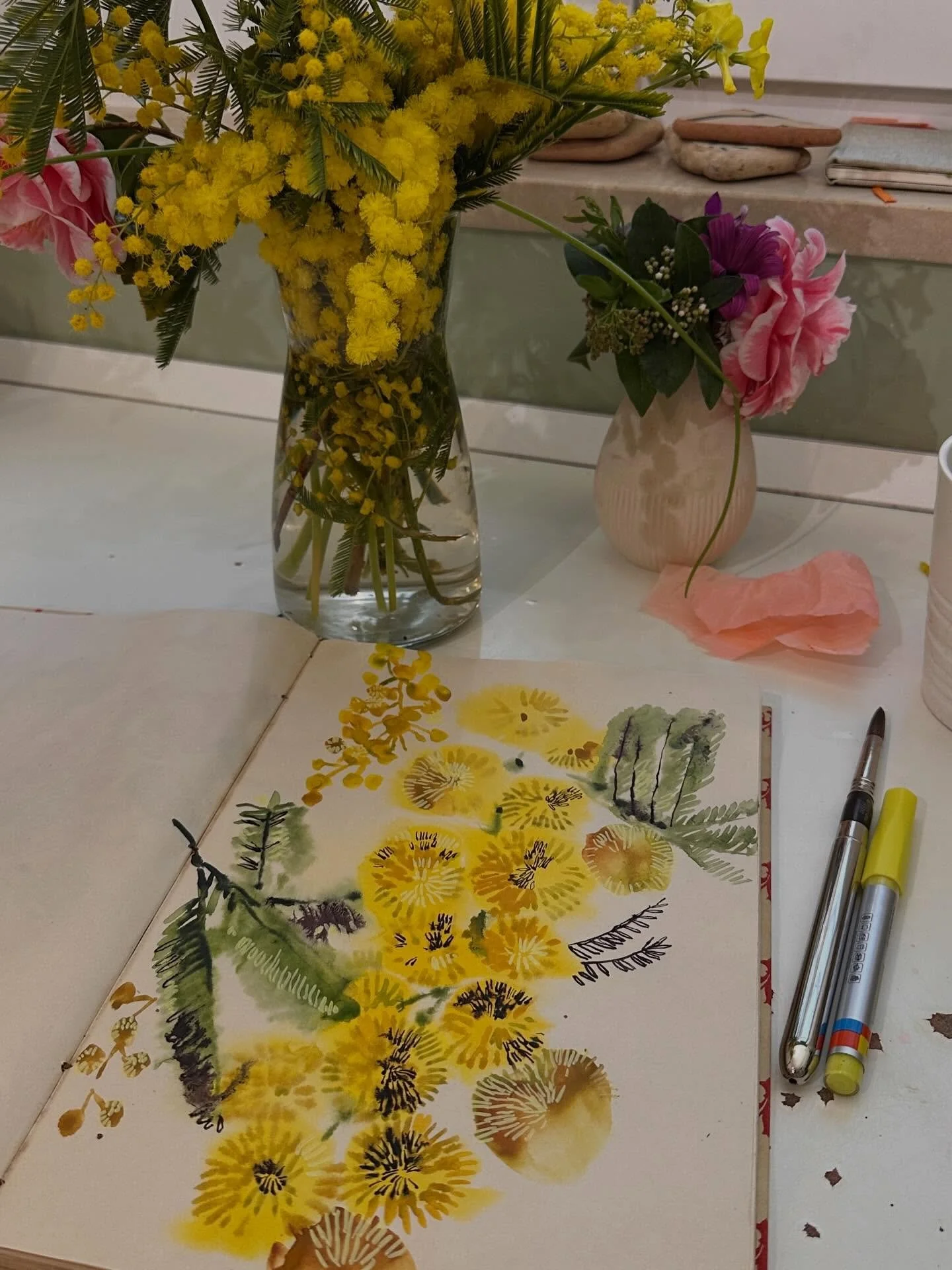 A quick sketch of some mimosa. The whole neighbourhood is full of it. Really gorgeous. I used  @meeden.art acrylic markers and I really like the opacity of them. They go on smooth too. Some acrylic markers are a bit claggy and get stuck in the pen. 
