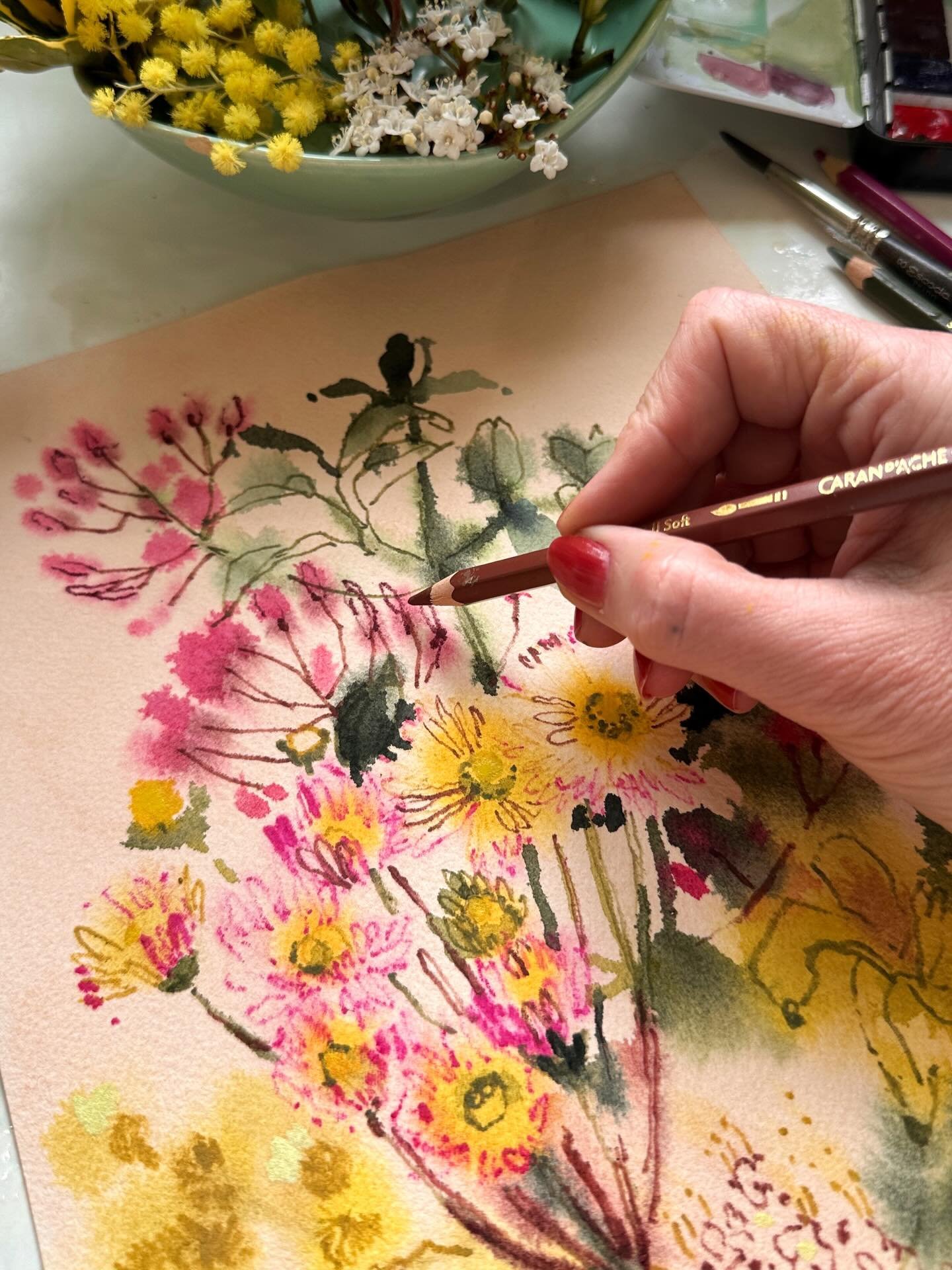 I went for a walk this morning, hunting for flowers. There still aren&rsquo;t that many out but I noticed a lot of purpley pinks and yellows and came up with these arrangements. I just love this colour combination. My favourites are the clusters of d