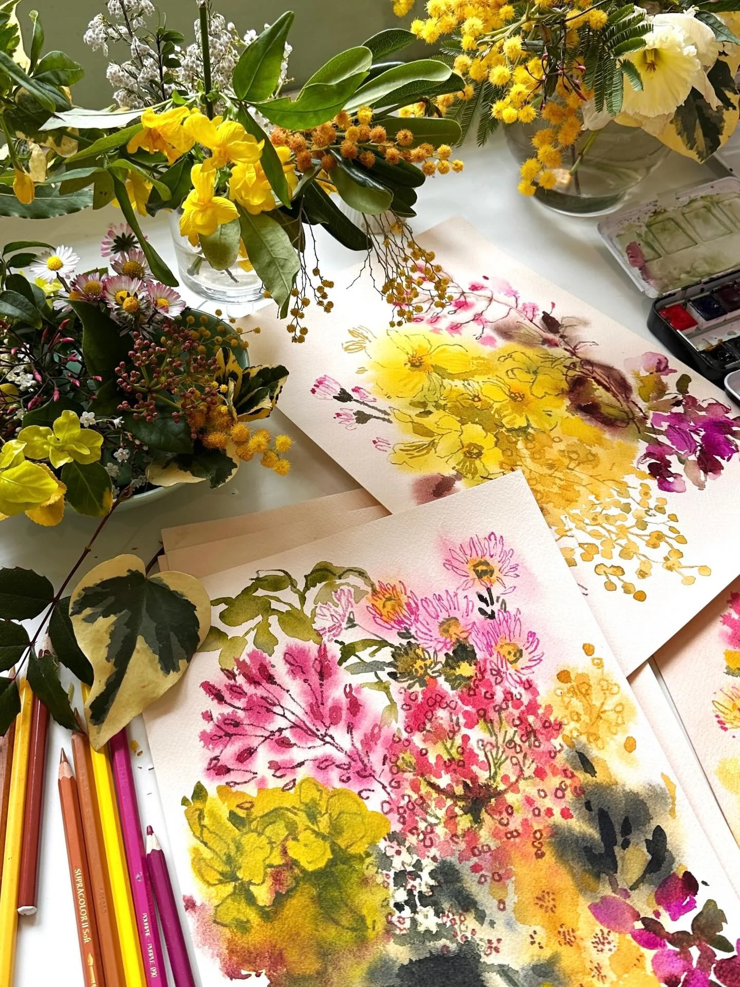 What a joy to paint these - all those shades of yellow offset by the violets, magentas and burgundies. Really adore this colour combination. The colour mixing is a dream because they&rsquo;re complementary colours - so to neutralise/soften the yellow