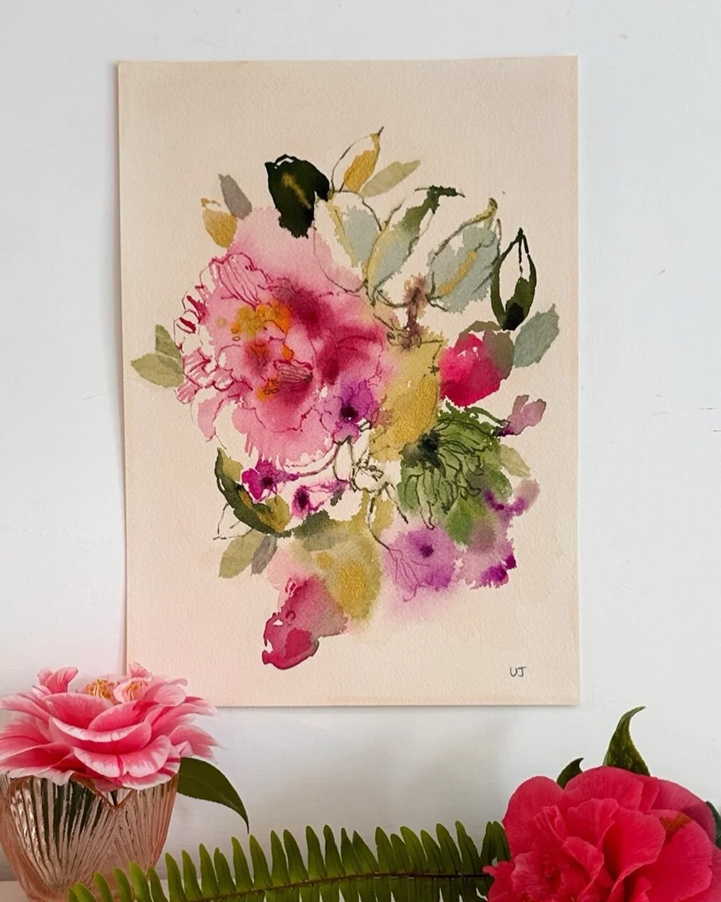 Really finding a rhythm with these paintings. And they&rsquo;re becoming a sort of diary of what flowers are in season round here. January pine and berries. February margaritas and camellias, March mimosa and blossom. 

#floralpaintings #watercolourp