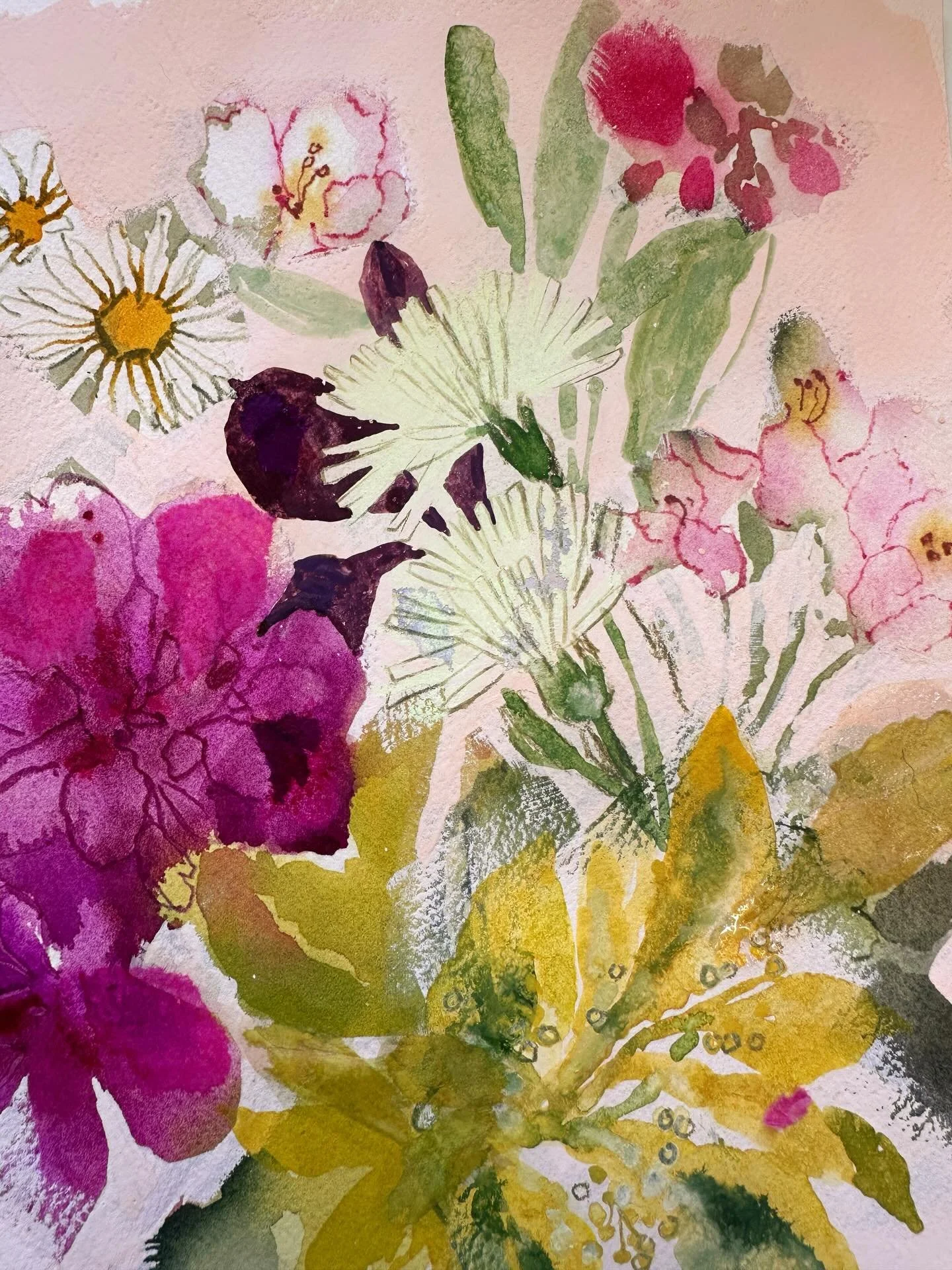 Found these dandelions growing near a bin. The pale yellow was soo pretty and I happened to have an aquarelle pencil exactly that colour. 
This was a painting that went wrong so I covered up the crappy bits with gouache and worked back into it. And, 