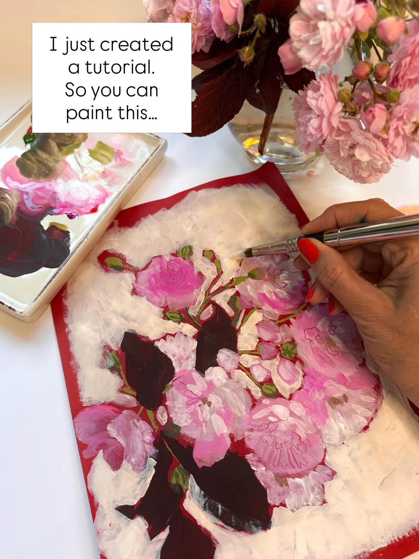 I just painted this for a tutorial. It&rsquo;s @holbeinartistmaterials acryla gouache on red paper, inspired by roses I found near my house. I&rsquo;ll be posting the tutorial in my shop within a few days so keep an eye out!