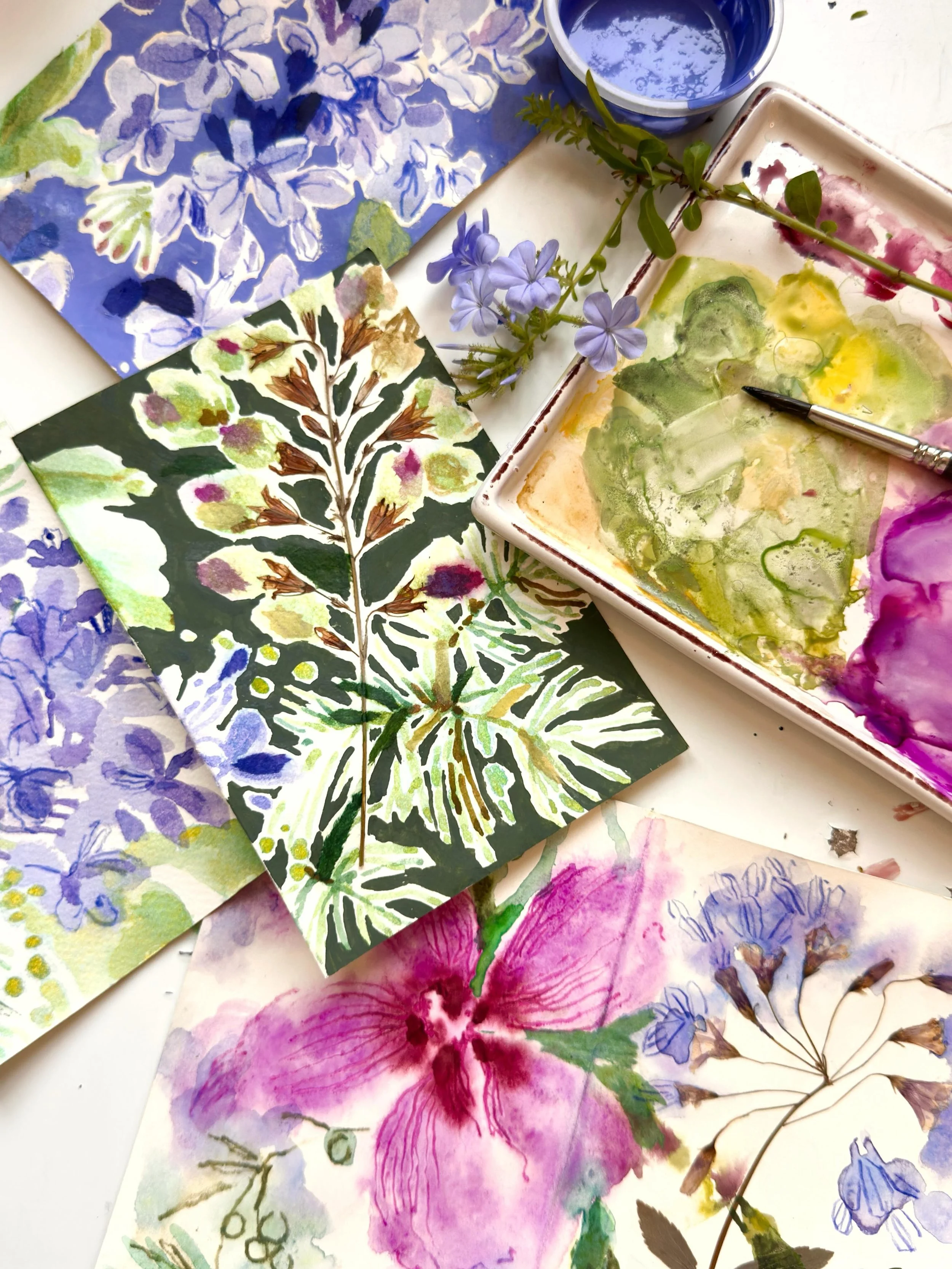 A few experiments. Painted around collaged pressed flowers. Scroll to the last pic to see how they looked before I added in backgrounds. I like the contrast of this dark, flat ground against the watery florals. 
This is what I call &lsquo;low stakes&