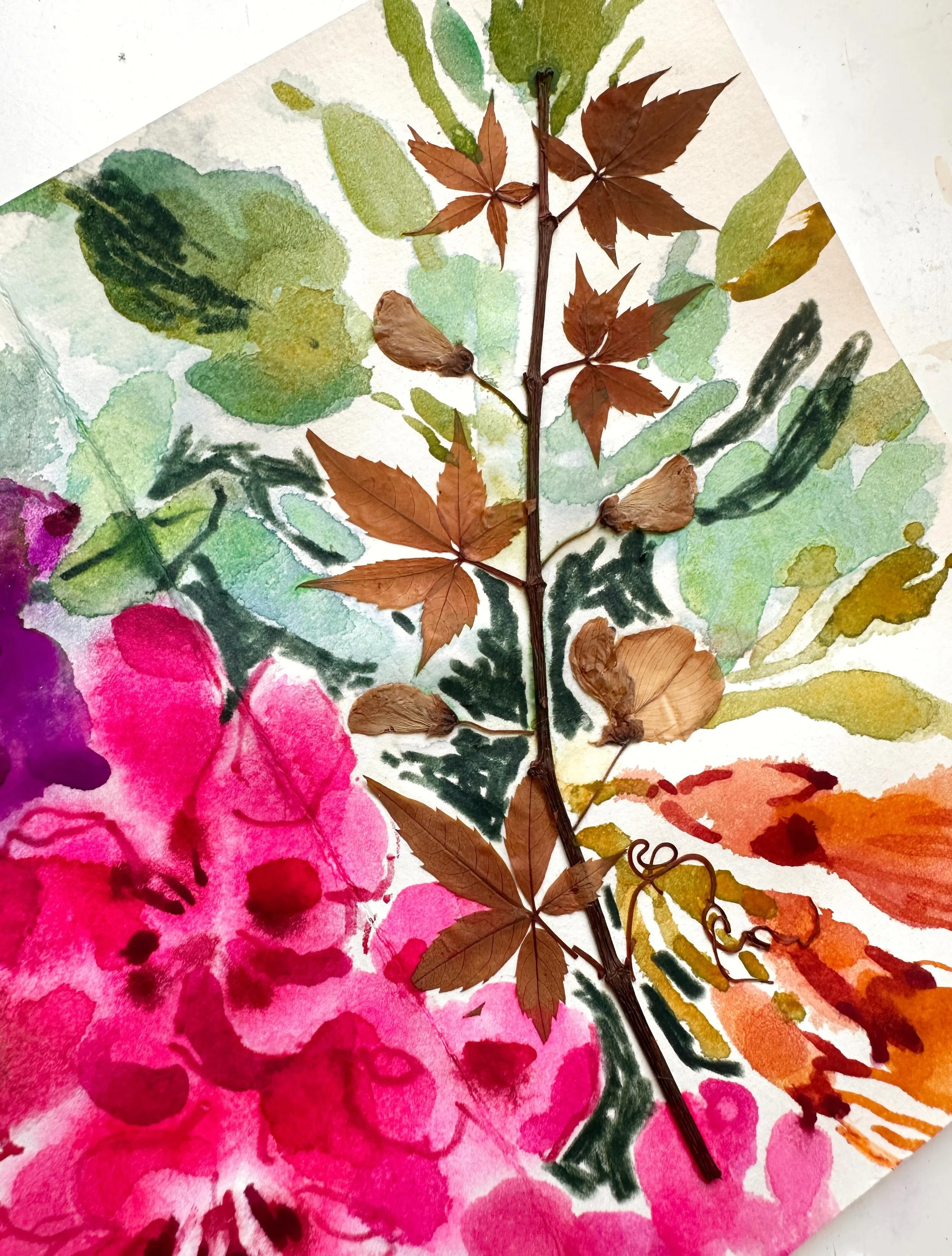 I bought these dried flower notecards at a flea market about 9 years ago. I&rsquo;ve seen them sitting on my shelf a thousand times since, knowing I wanted to paint on them but not quite figuring out how. Apparently this is how - just dump the paint 