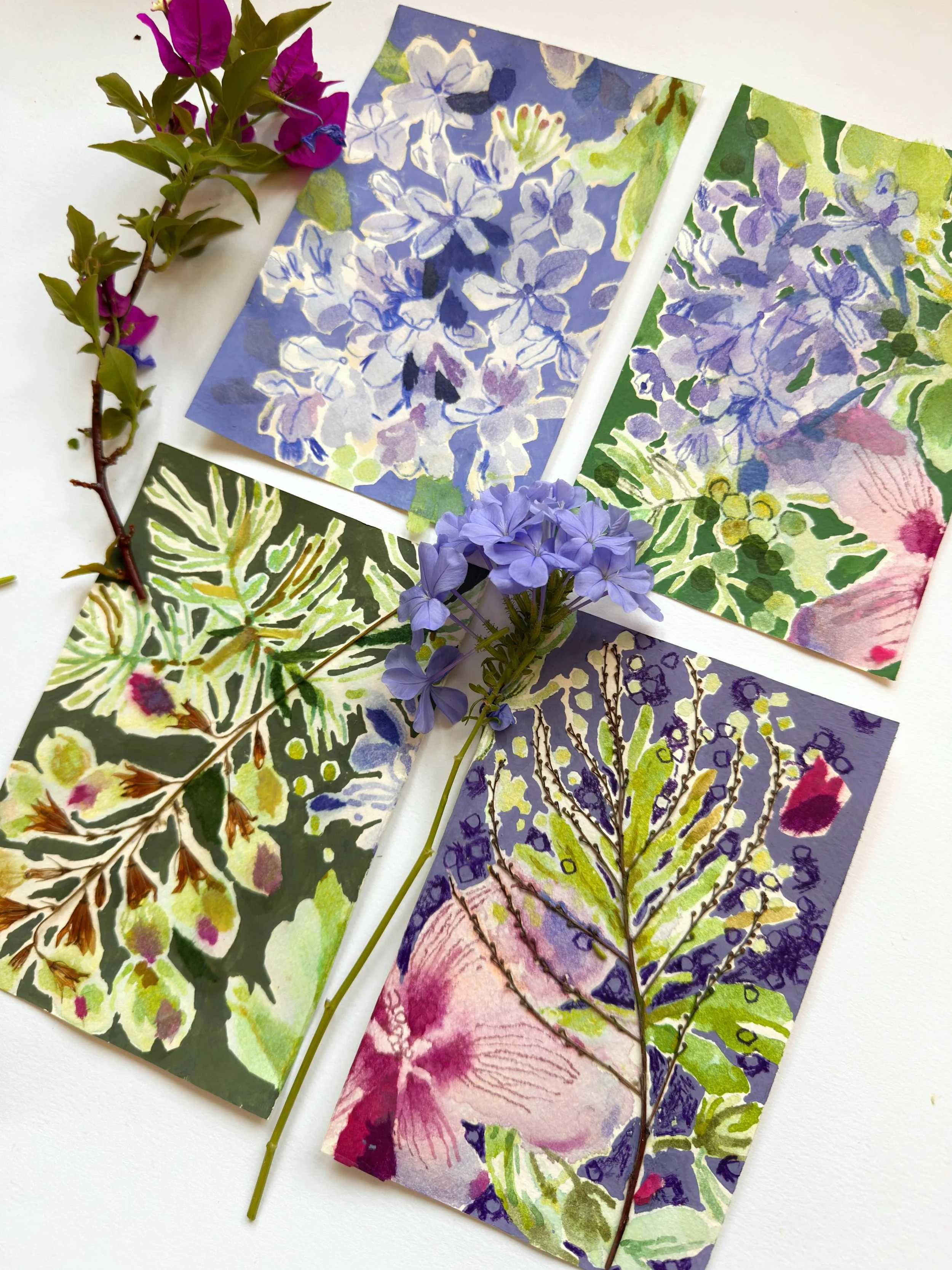 Inspired by the plumbago and hibiscus. These are two paintings chopped in half. Each half got a different background and added textures. They make a cohesive collection! 
I&rsquo;m going to update my Create Collections course and add in new elements 