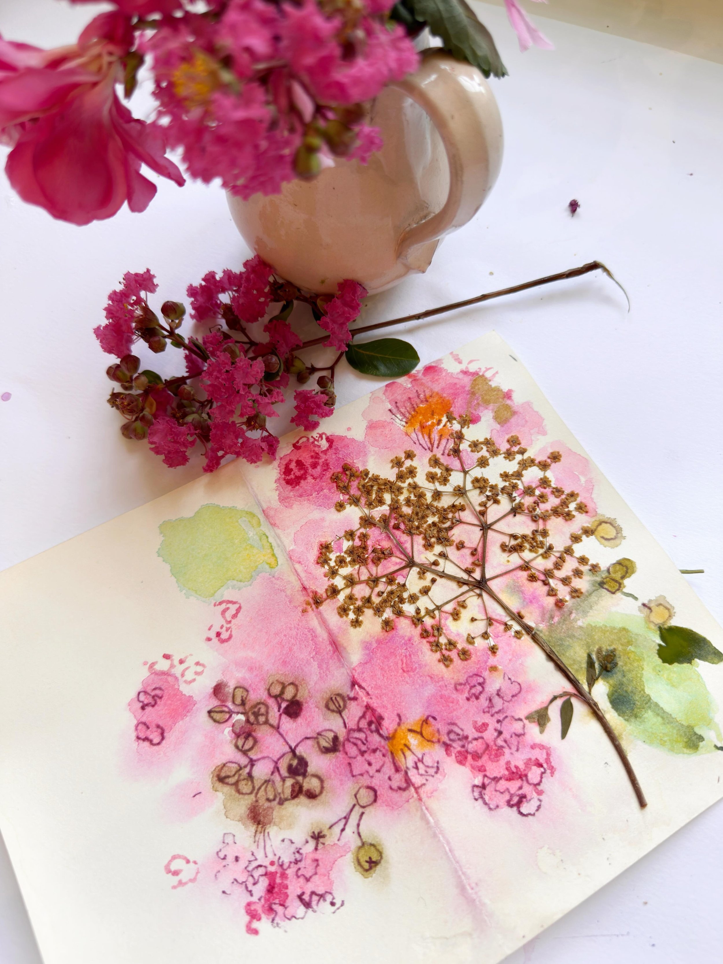 I saw this pink frilly tree in my neighbourhood recently and knew I wanted to draw it. Since then I&rsquo;ve picked sprigs of it on four separate occasions and not got around to it before it croaked. Today I finally did it. Mixed it with this frilly 