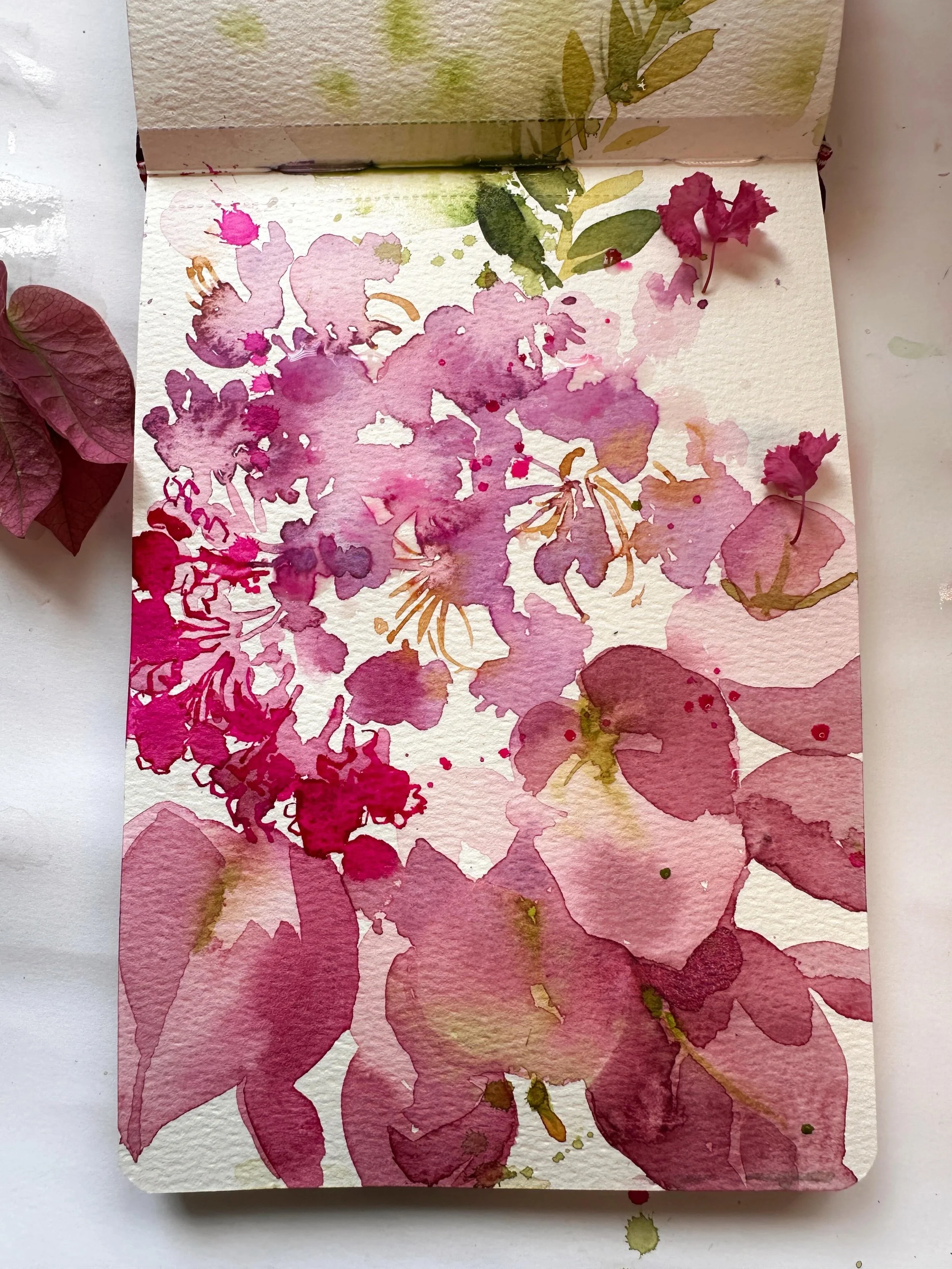 The bougainvillea&rsquo;s on its last legs in the neighbourhood. I&rsquo;ve never noticed before but before it dies, it fades to this beautiful mauve colour. I gathered a few handfuls plus a lot of other pinks, blues and lilacs and painted them. I&rs