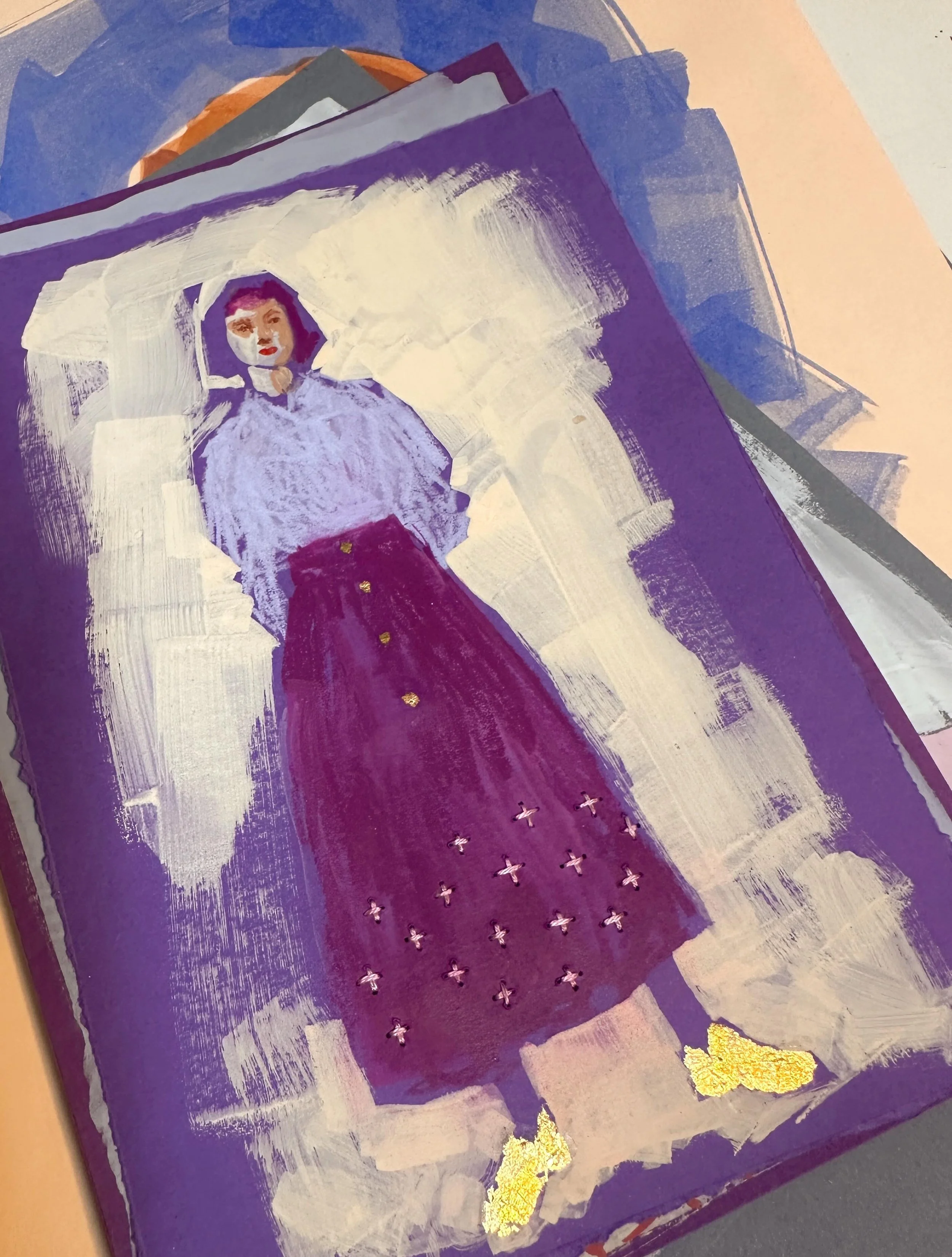 I&rsquo;ve been riffling through my paintings today. Found her. Had completely forgotten she existed but I actually love her. Her blouse and skirt are oil pastel (I think) and the rest is gouache. Scroll a bit and you can see a close up of the stitch