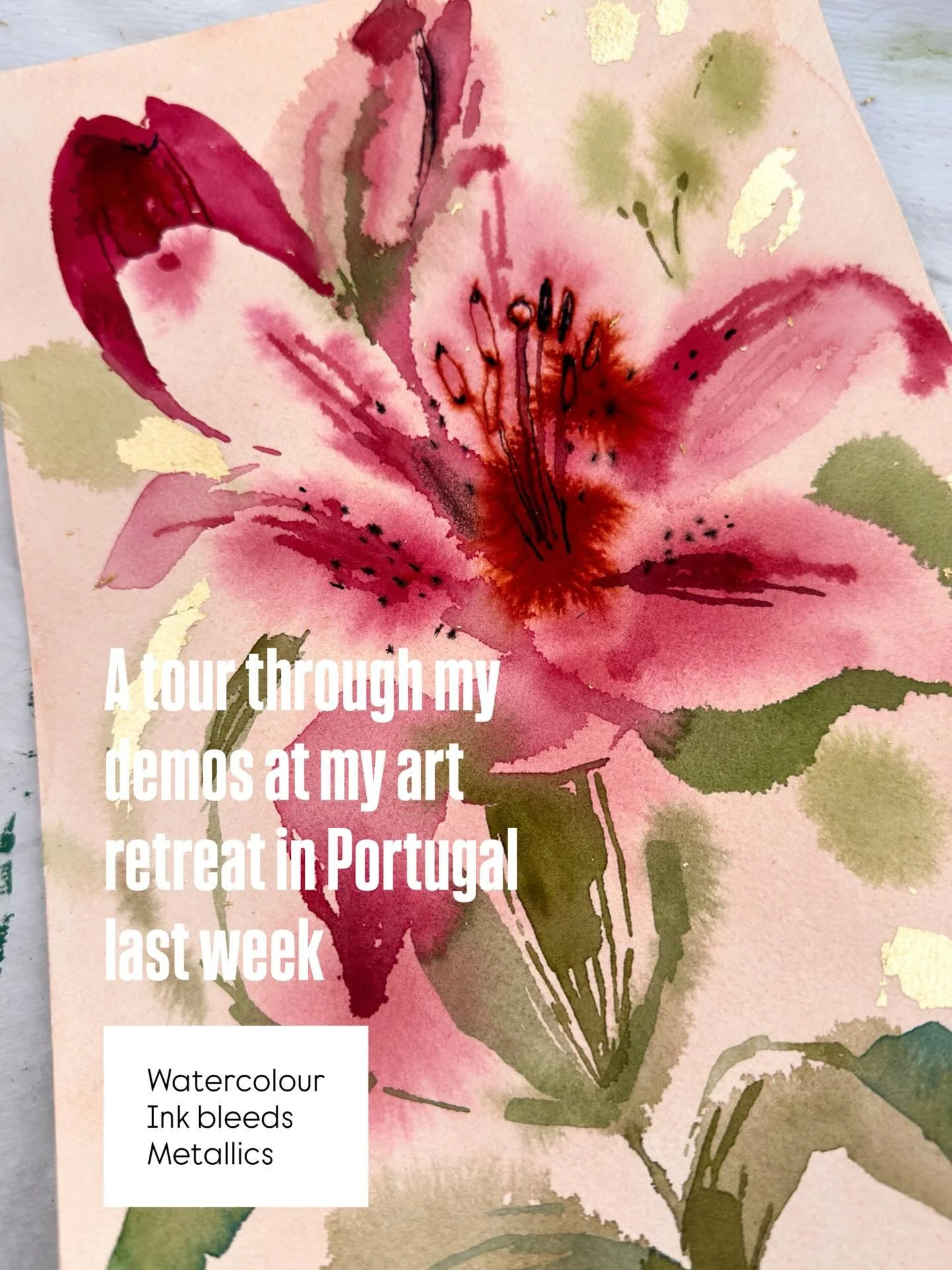 I wanted to give you a glimpse of what we do on my art retreats by showing you some of the many demos I do throughout the week. 
I try to make them exciting and short ( 20-30 mins)  because I know my guests are itching to have a go as soon as they se