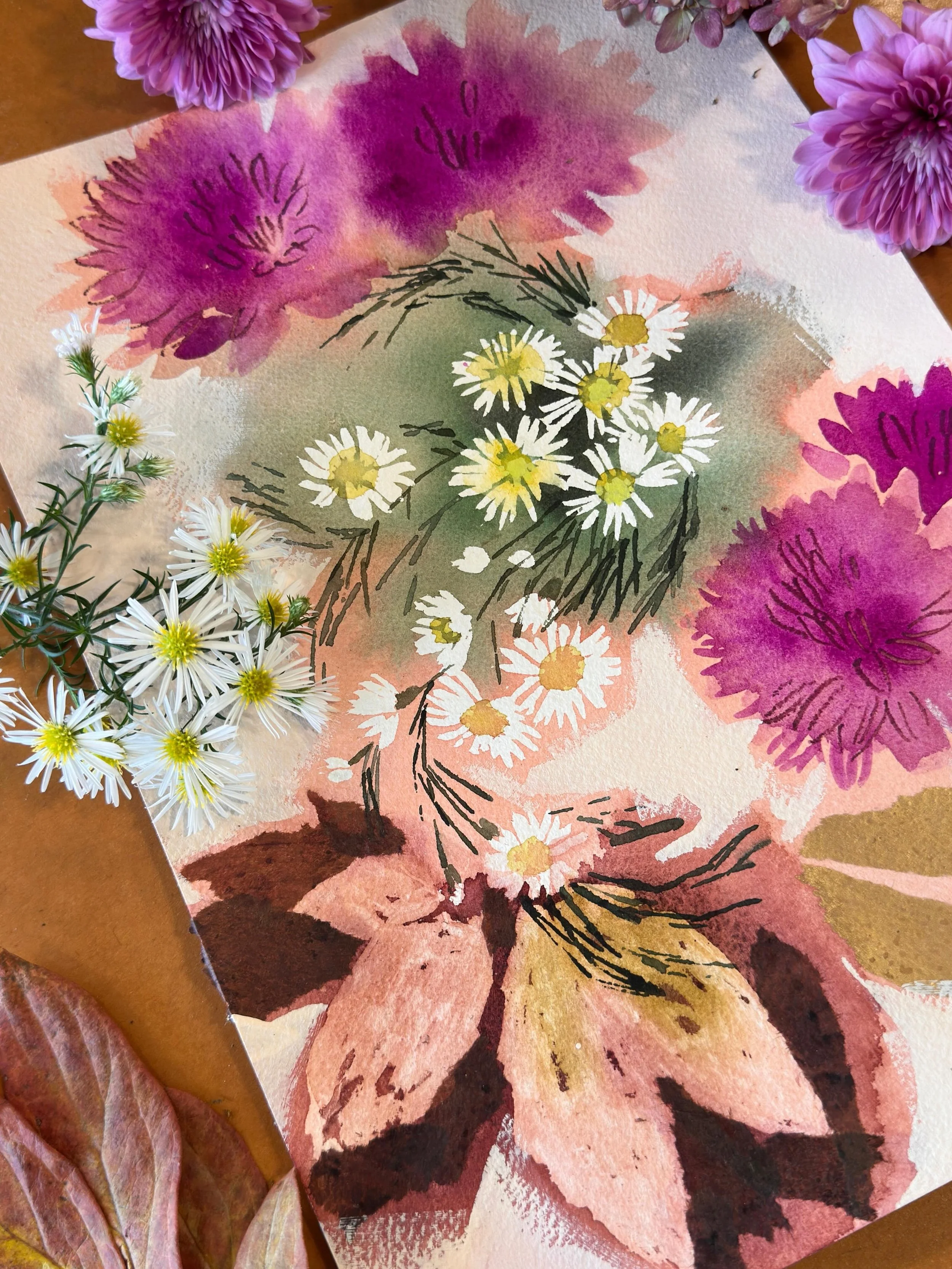 These are my demos from my week at The Smiley Manse in Vermont. The art retreat was called Fall Florals - obviously inspired by the famous autumnal beauty of the region. 
I think we really captured the colours and textures of the place and the season