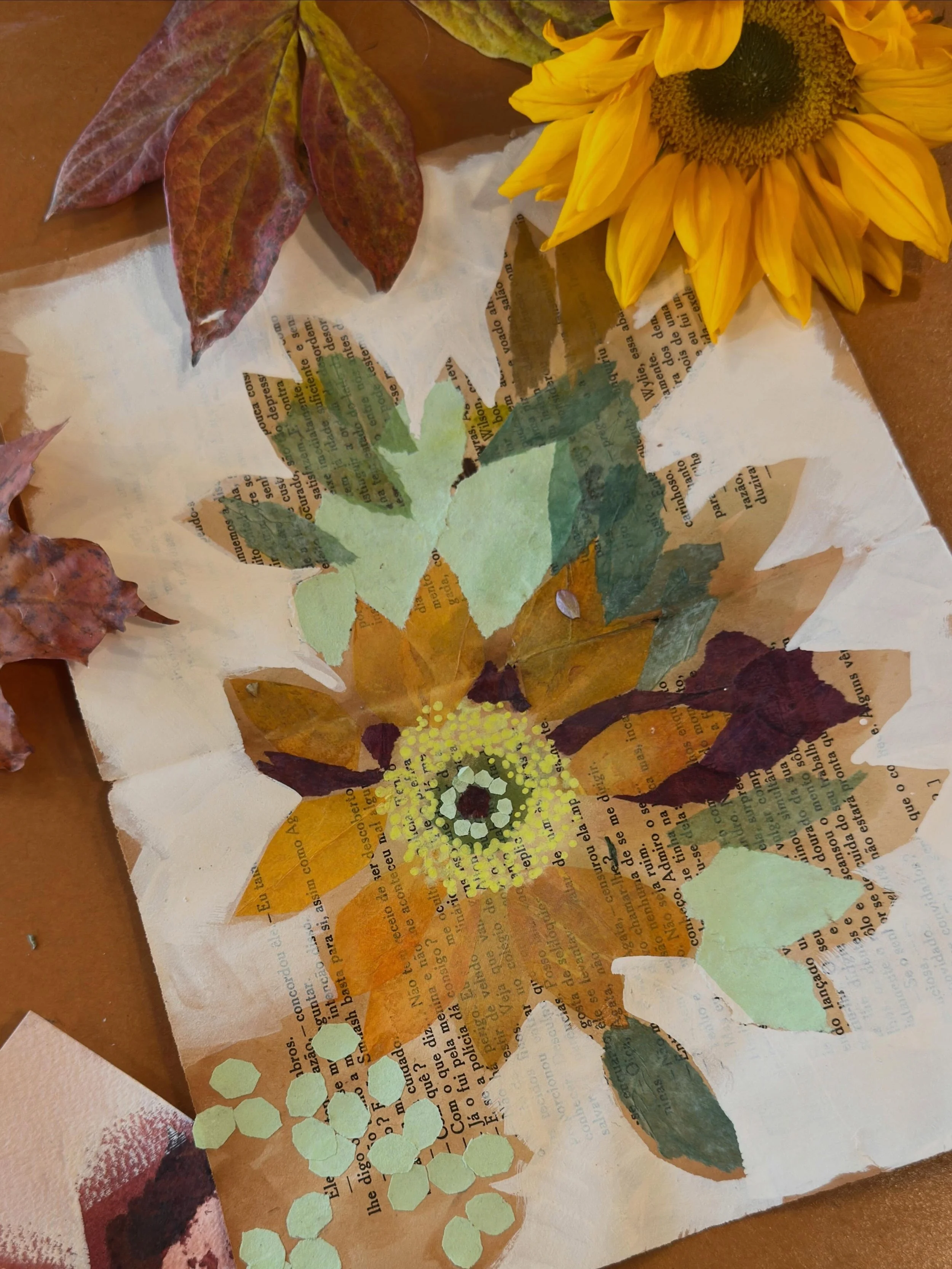 Sunflowers for a Saturday. I collaged this onto old book pages.