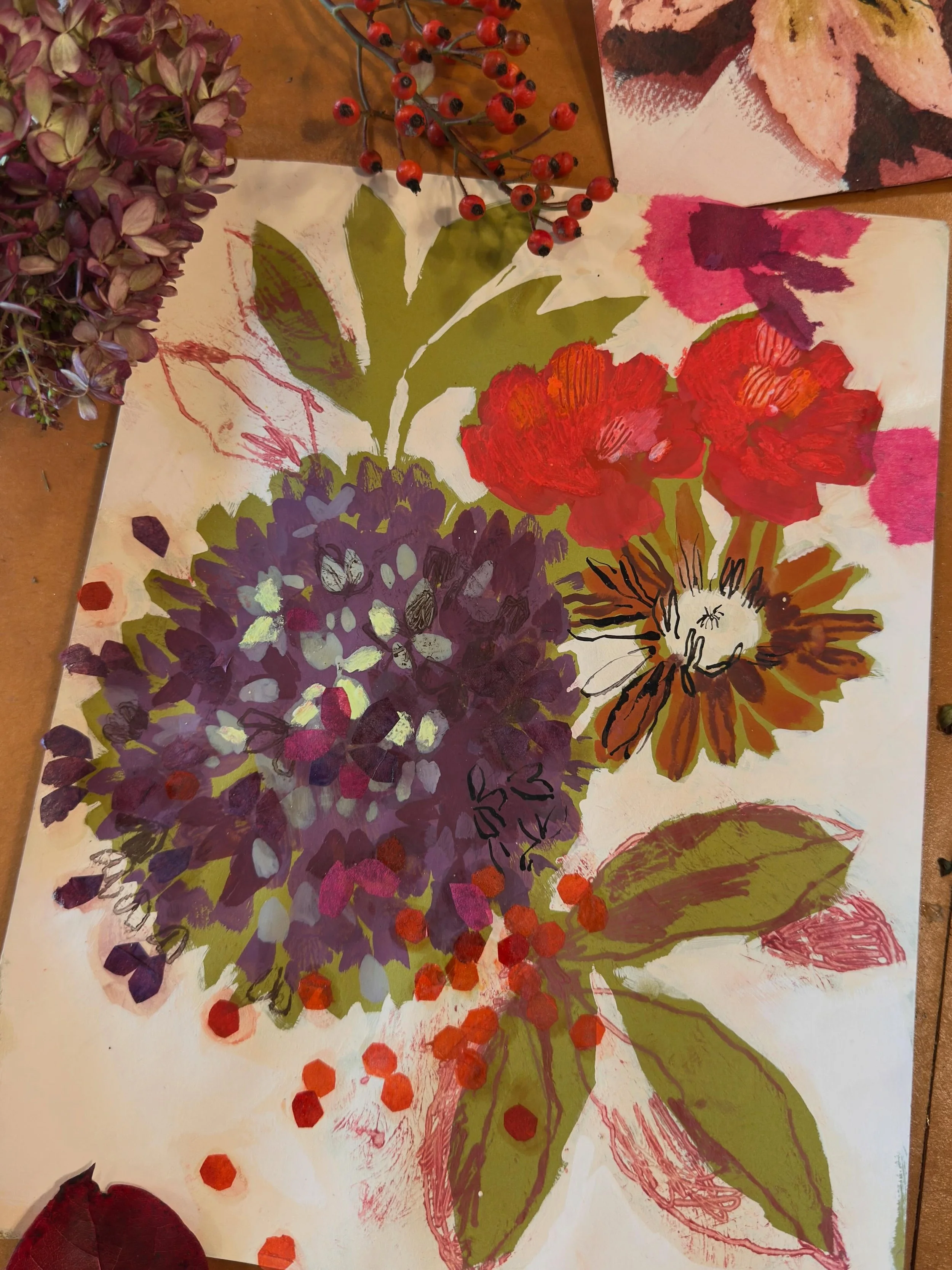 This was an interesting technique - laying down a clump of mauve mid tones in gouache then working the darks and lights in over that with whatever else came to hand - oil pastel, collage, more gouache etc. - perfect way to do hydrangeas.