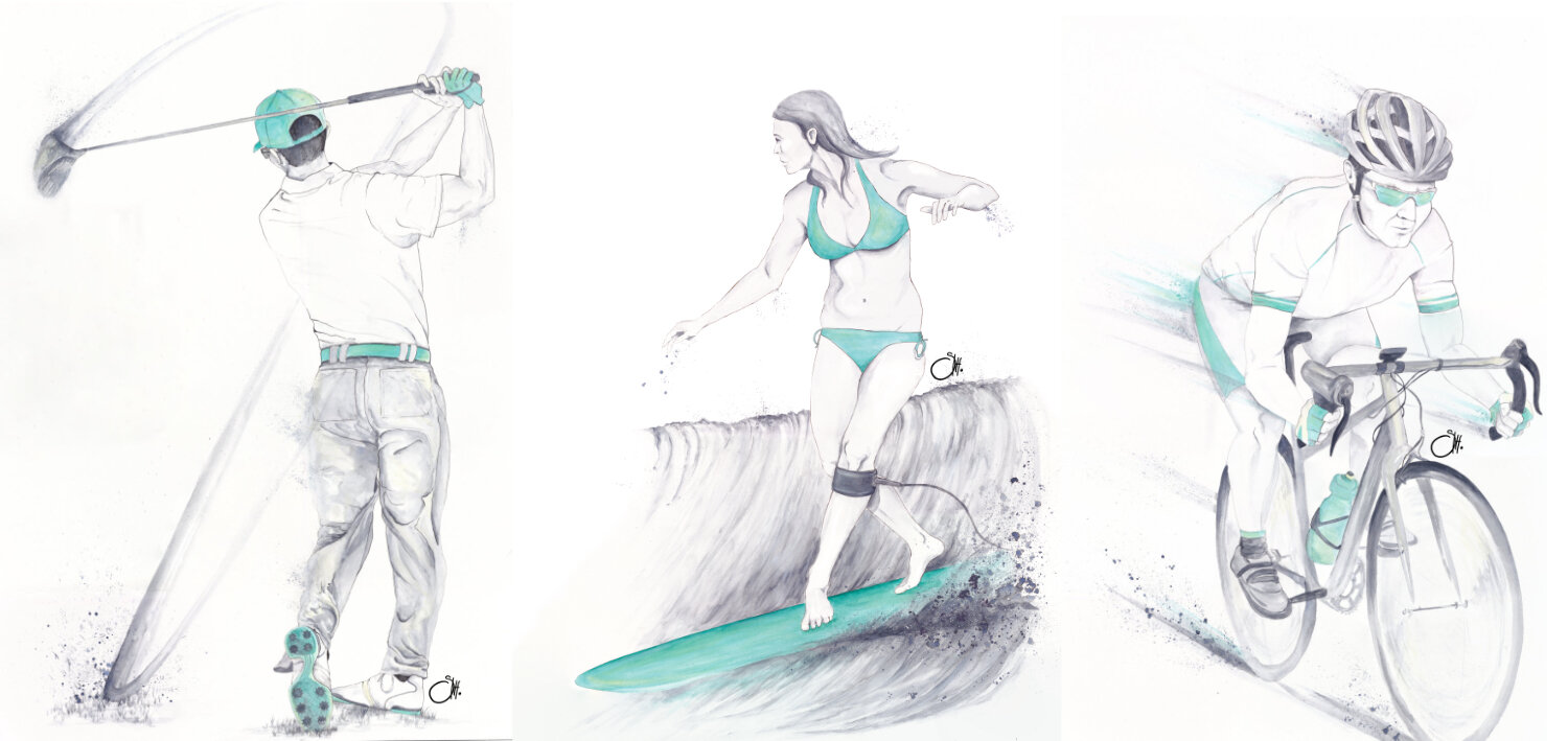  IN MOTION . commission . series of three for a physiotherapy clinic . watercolour &amp; fine liners . 